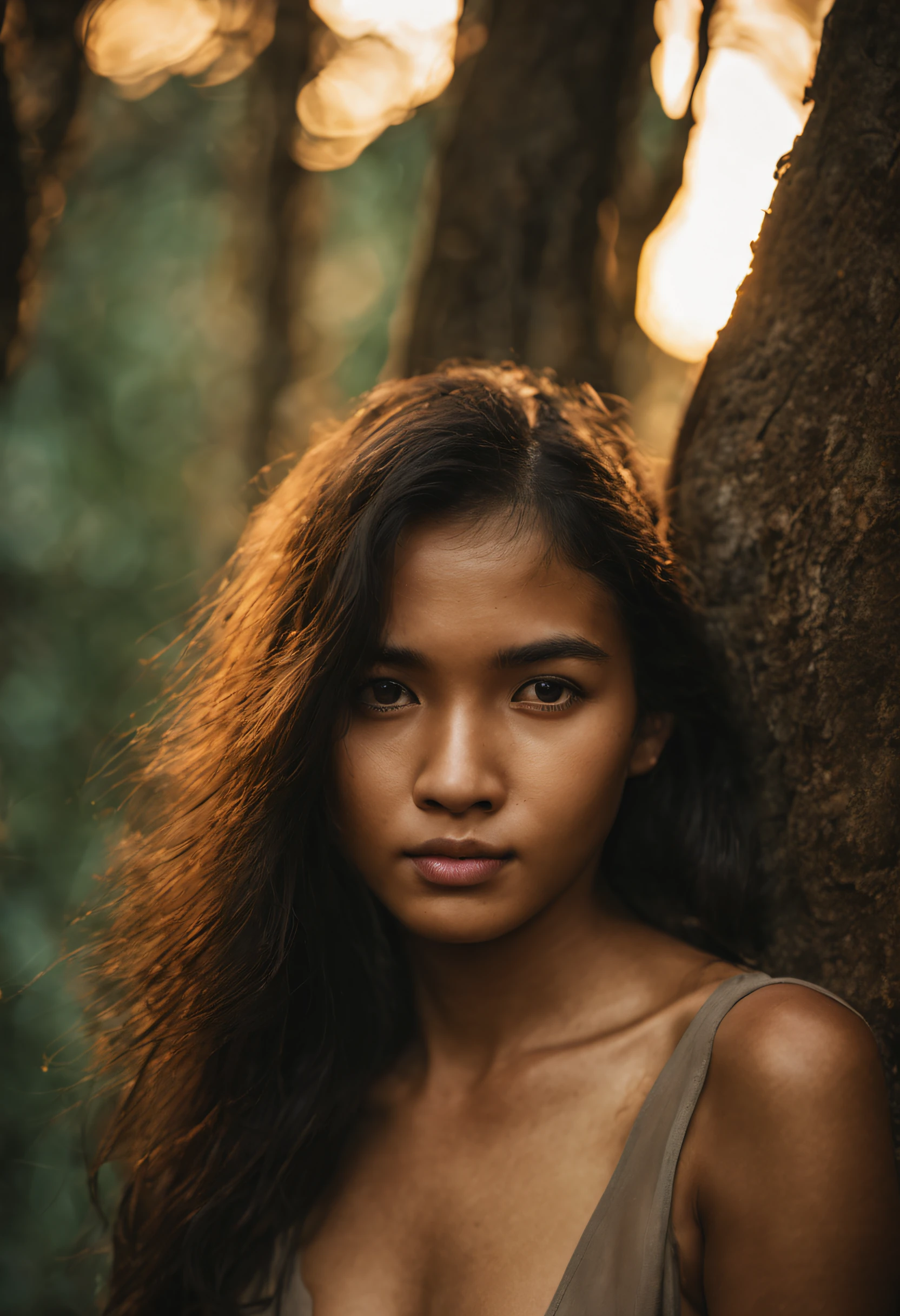 realistic photo portrait girl in Paradise Lost, Great landscape, nature at sunset, spiritual, surreal, trees, tan skin, highly detailed, smooth, very sharp focus, indonesian girl face, bathing in light, , close-up, photography awards, mirrorless camera