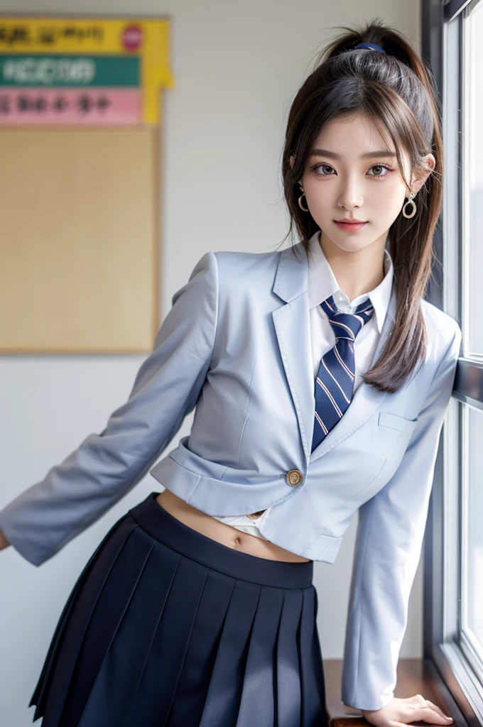 8K RAW photos, 17-year-old cool Korean, big round breasts, school uniform, tie, tie ribbon, blazer, skirt, beautiful eyes in detail, long eyelashes, beautiful double eyelids, eye shadow, slit eyes, sanpaku eyes, perfect eye makeup, evil smile, beautiful thin legs, bob cut, ponytail, various hairstyles, earrings, school classroom