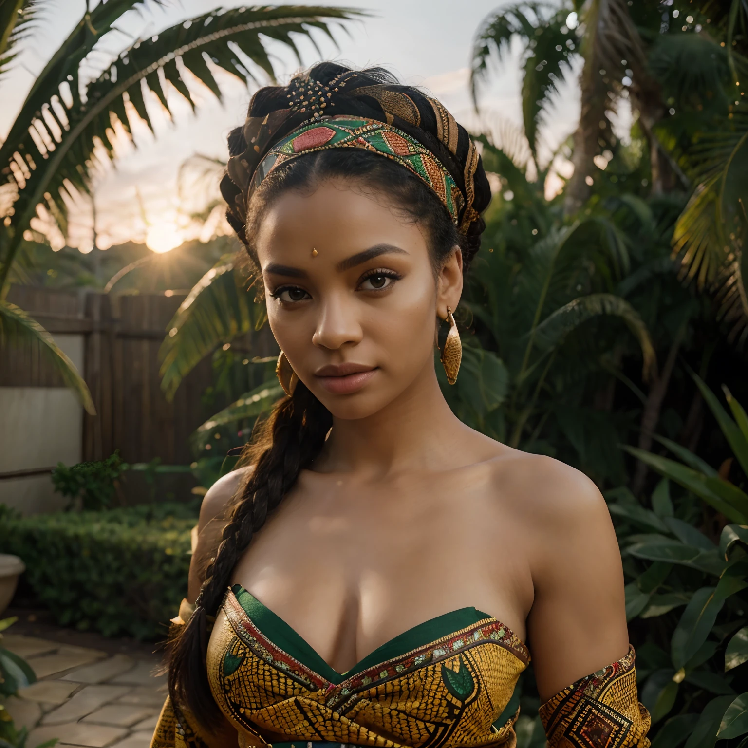 (8k, fotos RAW, mais alta qualidade, obra-prima: 1.2). (Realista, Fotorrealista: 1,37). Afrofuturistic mid age QUEEN wearing a dress made of strawn, strawn, jungle