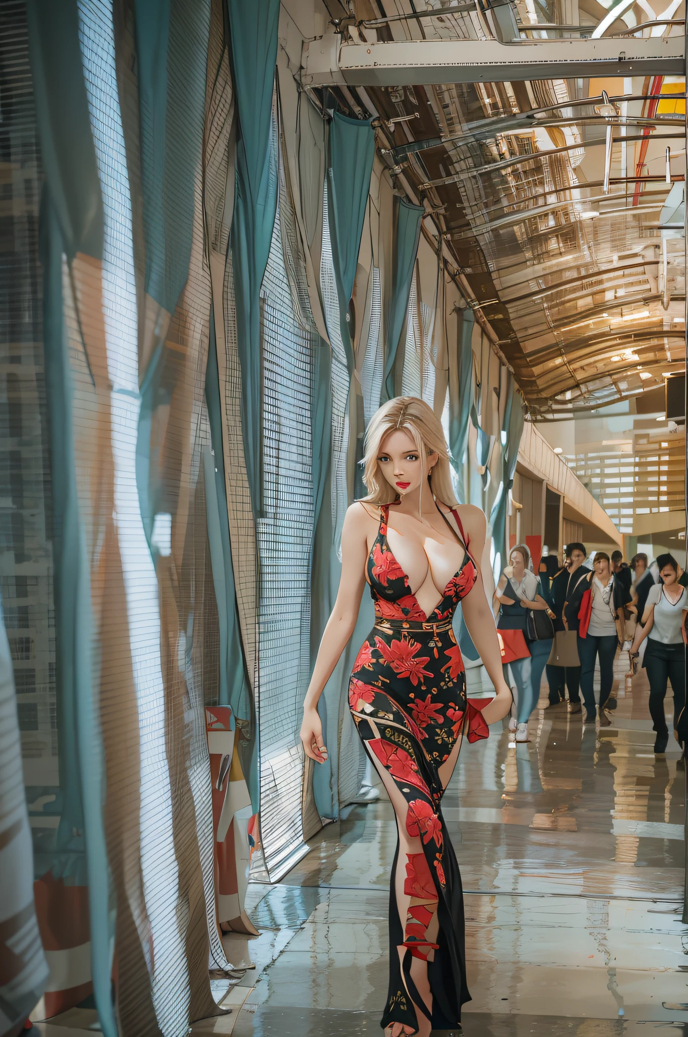 very hot sexy russian girl, half naked boobs expose, Wrap dress, Convention center, vibrant