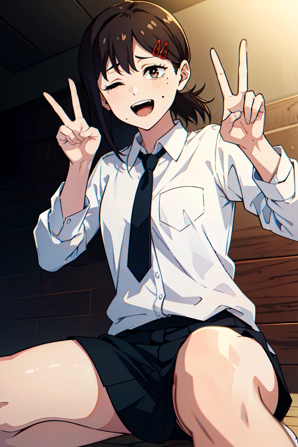 absurdres, highres, ultra detailed, kobeni, brown eyes, white shirt, looking at viewer, happy, :d, on knees, one eye closed, v, peace sign