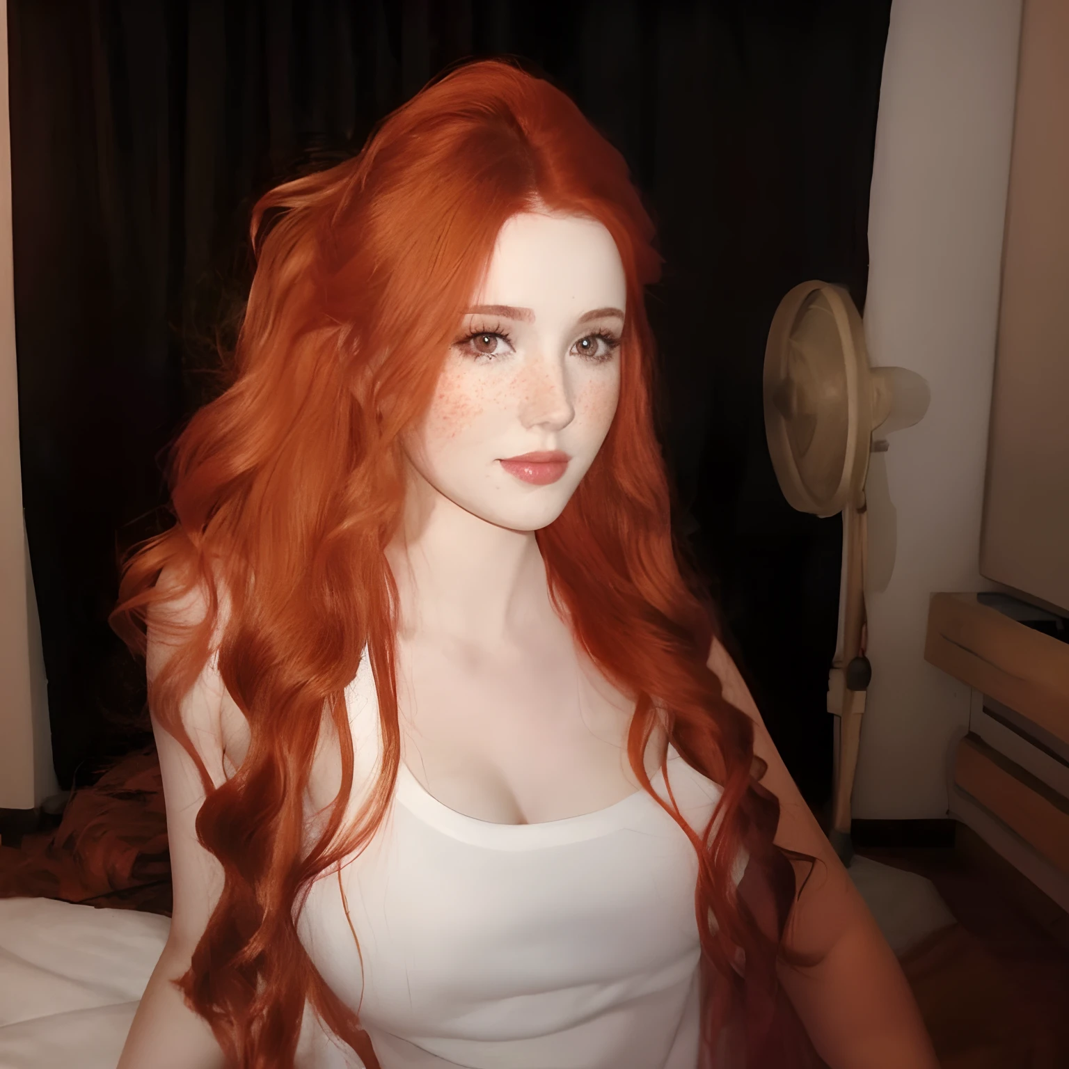 spirit, Women with very long red hair, Slim profile, Big breasts, slender waist. Smooth abdomen., Beautiful proboscis, Wear thin transparent white underwear., Wear long black stockings., Lying naked on a dark green bed., The right hand grasps the chest.. Look into the room with the morning light..