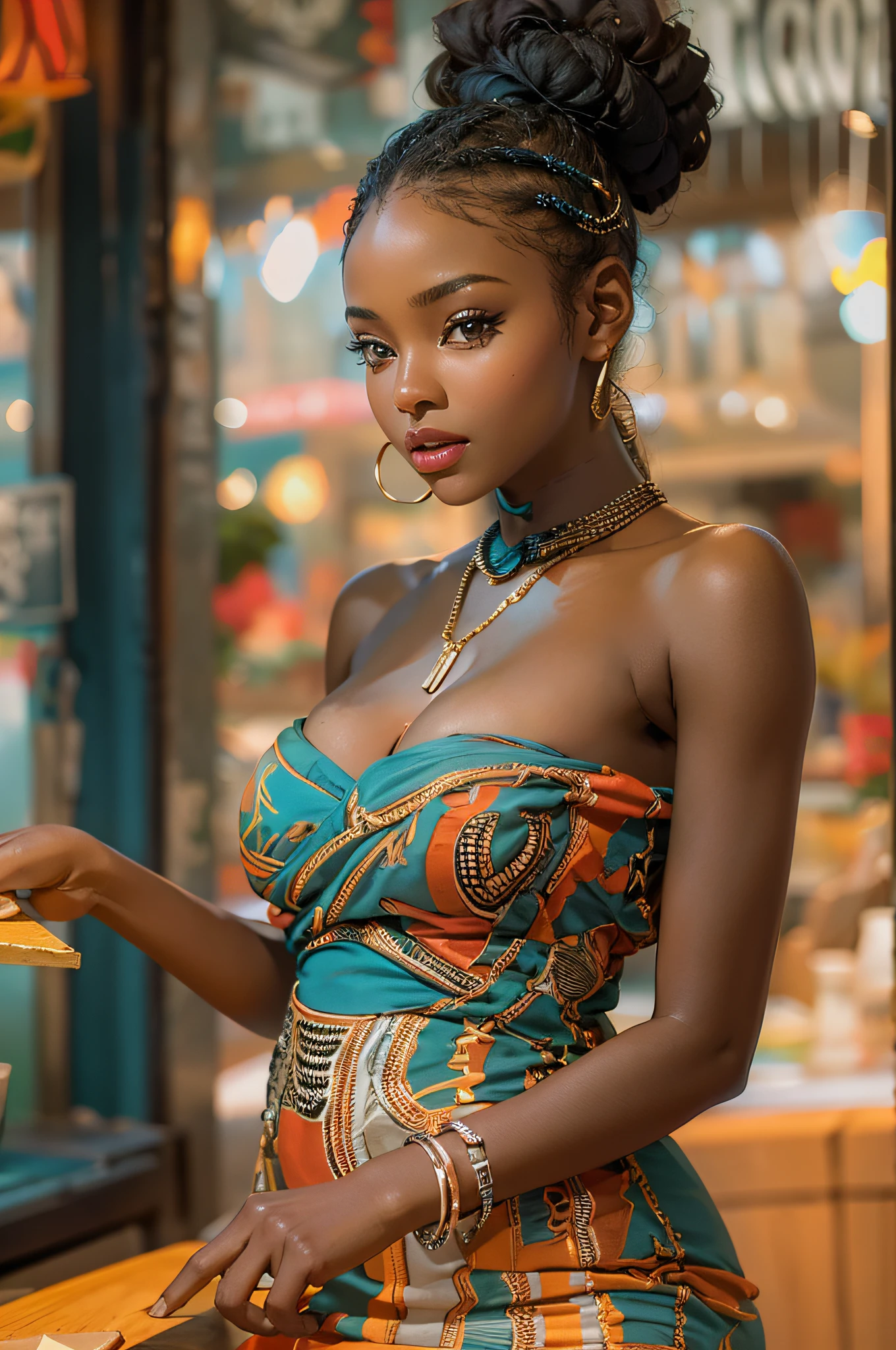 very hot sexy african girl, half naked boobs expose, Off-shoulder dress, Restaurant, vibrant