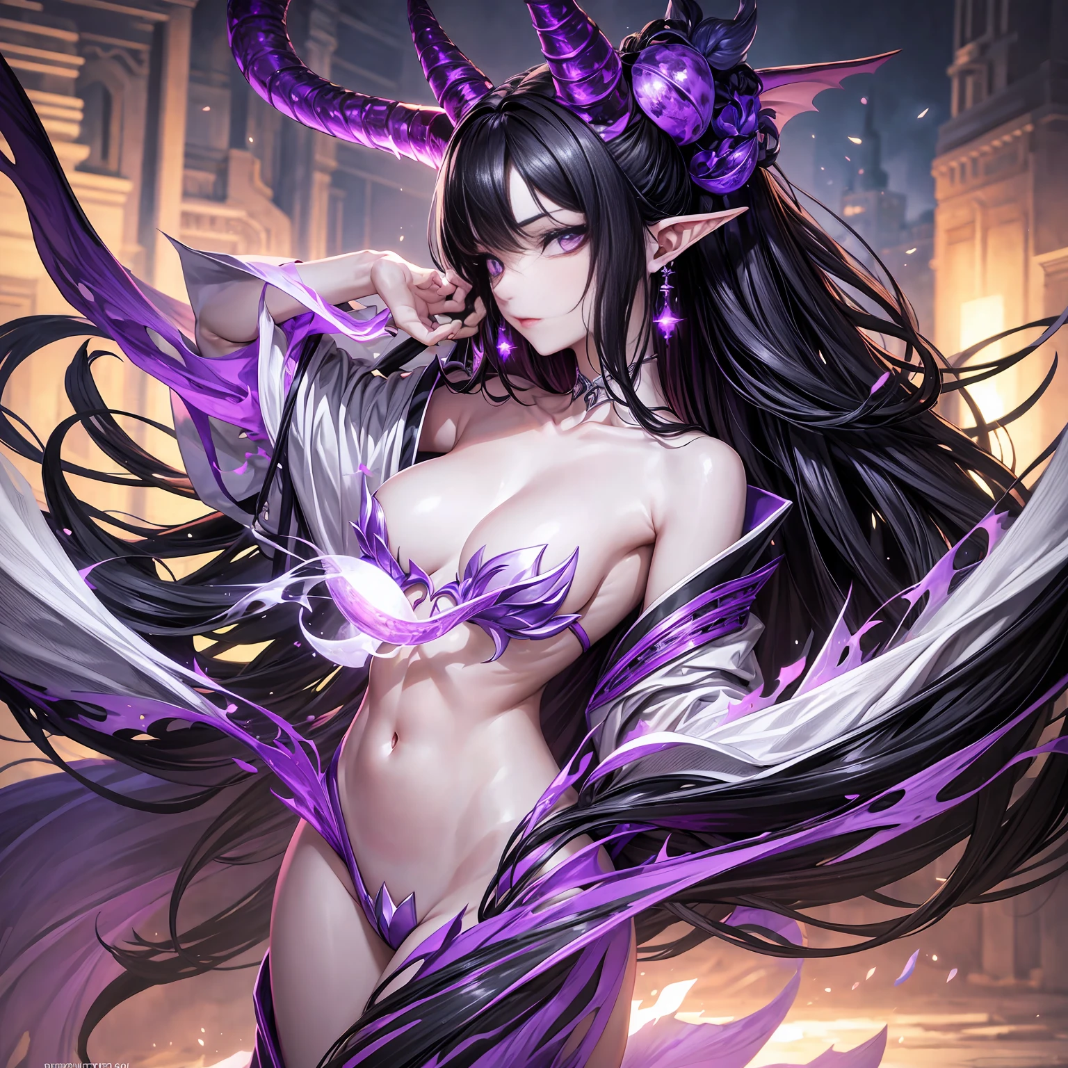 8K, realistic, Ultra High Definition, Super detailed, Shiny detailed hair, dragon eyes, white sclera, purple iris, gray pupil, large eyes, dragon ears, detailed and shiny eyes, detailed face, fantasy landscape, solo, looking at viewer, {{best quality}}, {{masterpiece}}, {{ultra-detailed}}, {detailed light}, black hair, long hair, purple horns, beautiful earrings, beautiful, skinny body, white skin, kimono, futuristic and brightly colored sneakers, standing in suggestive pose