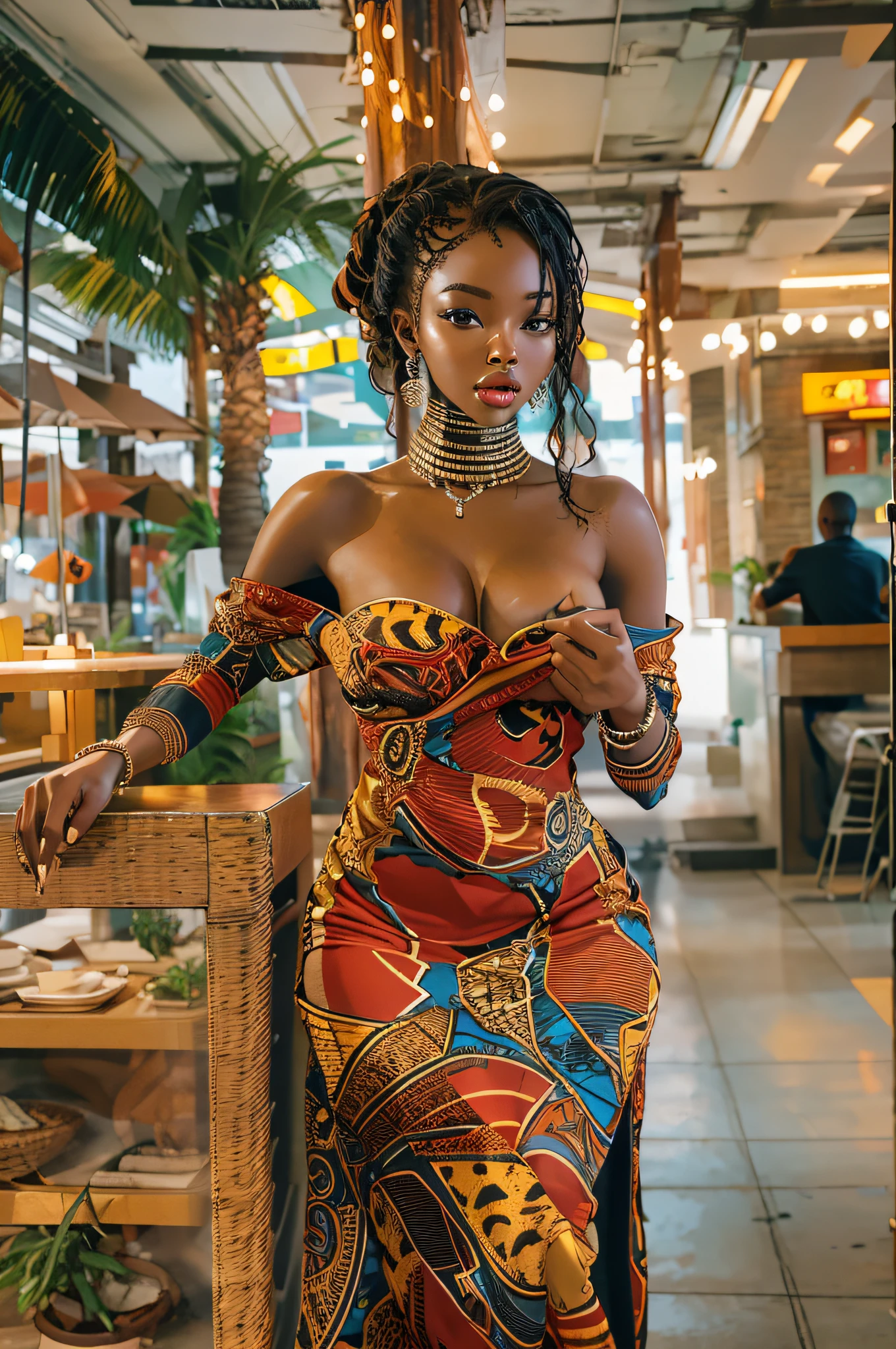 very hot ???? african girl, ?????????? ????? expose, Off-shoulder dress, Restaurant, vibrant