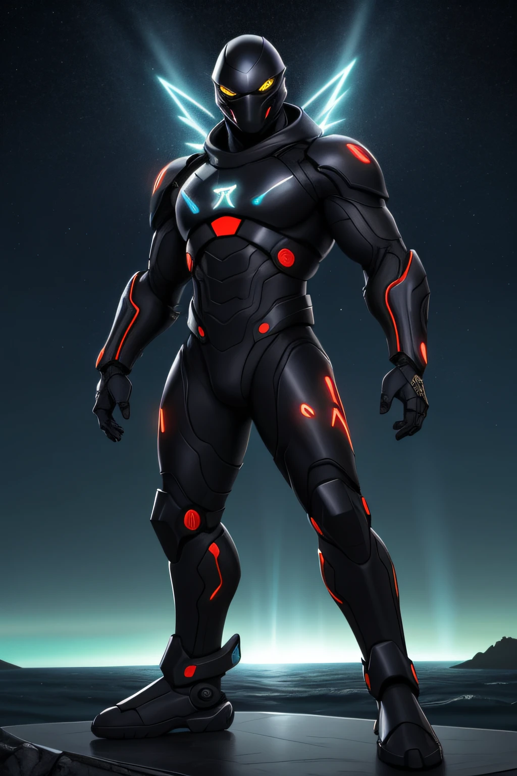 Biomechanical creature in humanoid form, com pele opalescente e escamas, master part, absolutamente perfeito, imagem impressionante, visualmente rico, intrinsecamente detalhado, arte conceitual, por Mschiffer, Bright holographic, cinemactic, Papel de parede UHD, ..3d, octan render, Volumetric lights, Full body Create an image of a black ninja after an apocalypse in the future Full Body Shot, Olhos firmes, olhando para frente, Lightning in the sky, arms extended, olhando para frente, parado no topo de uma montanha, manto e capa vermelhos, cruz brilhante no ar. ,Arte Luz Neon, no escuro da noite, Um navio alto navega pelos mares iluminados pela ,..lua, estrelas, Colouring, circunstanciado, 4k