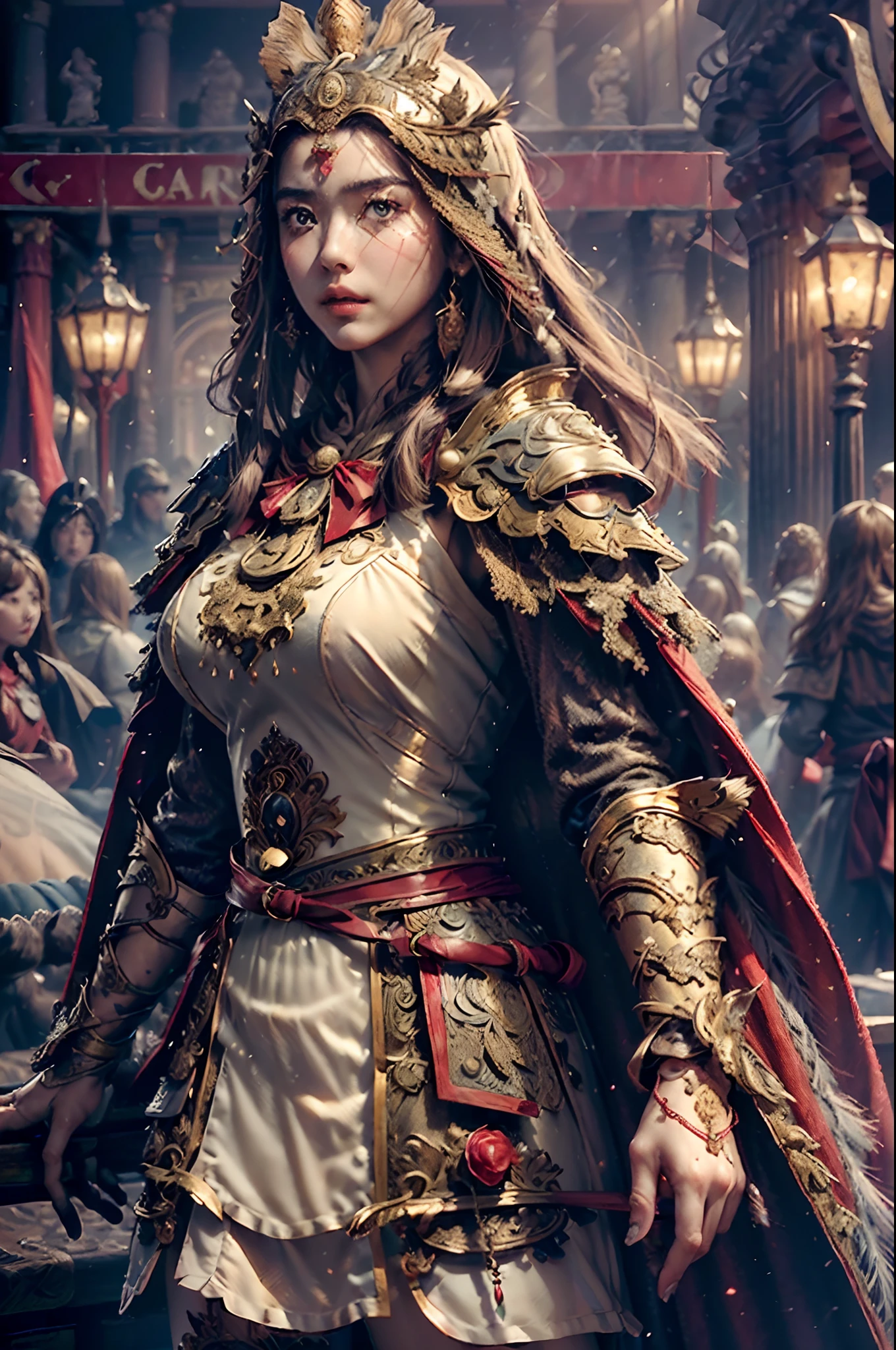 ((masterpiece))), (((best quality))), ((ultra-detailed)), (hyperrealistic), (highly detailed CG illustration), cinematic light, photorealistic ,extremely beautiful young lady, light makeup, big breast, intricate detailed eaba, red cape, spear