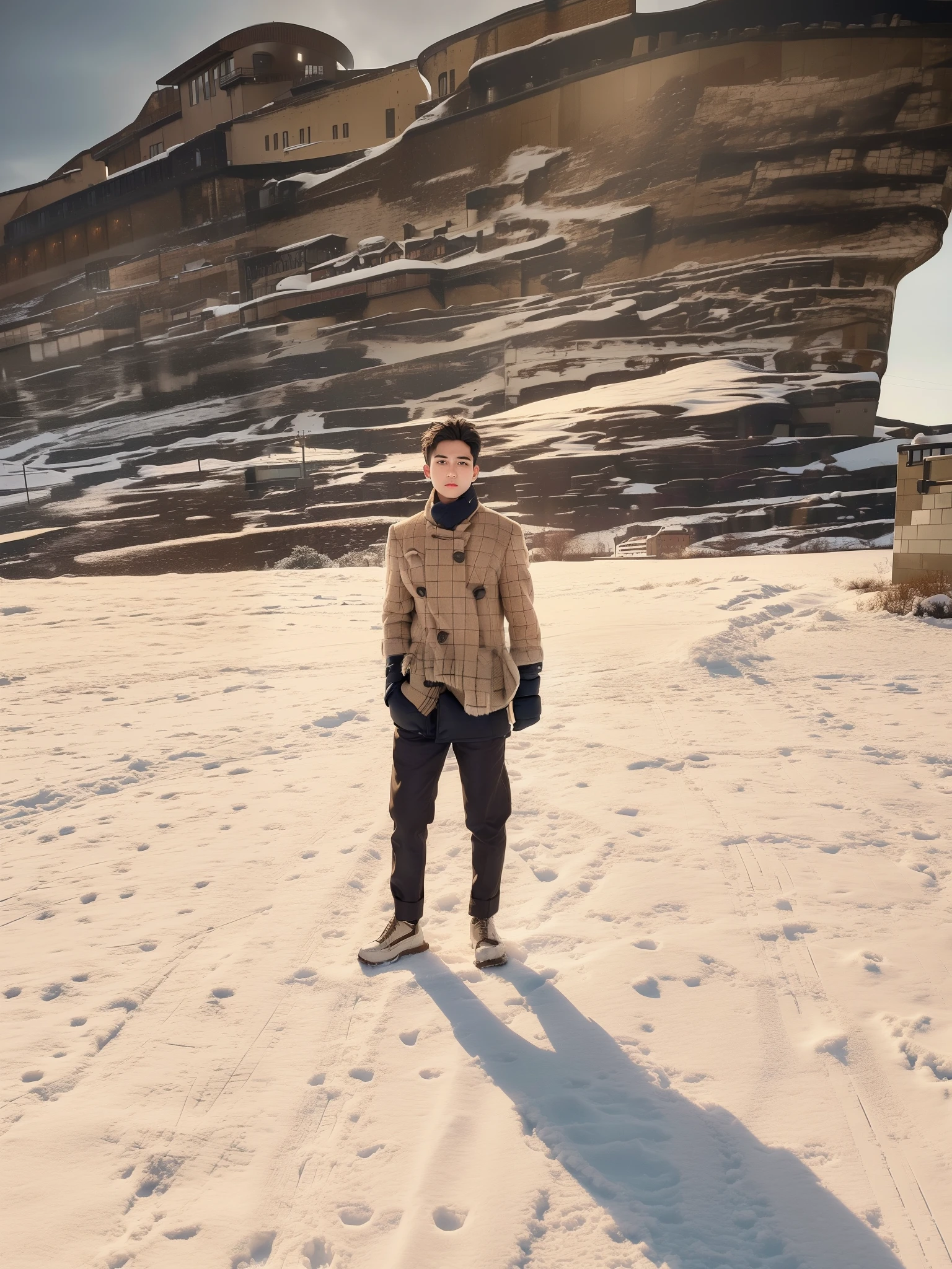 best quality, masterpiece, (photorealistic:1.4), 1boy, solo, short hair, big eyes, brown coat,scarf,  ((upper body:1.3)), dramatic lighting, looking at viewer, standing, outdoors, snow, cityscape, streets, buildings,