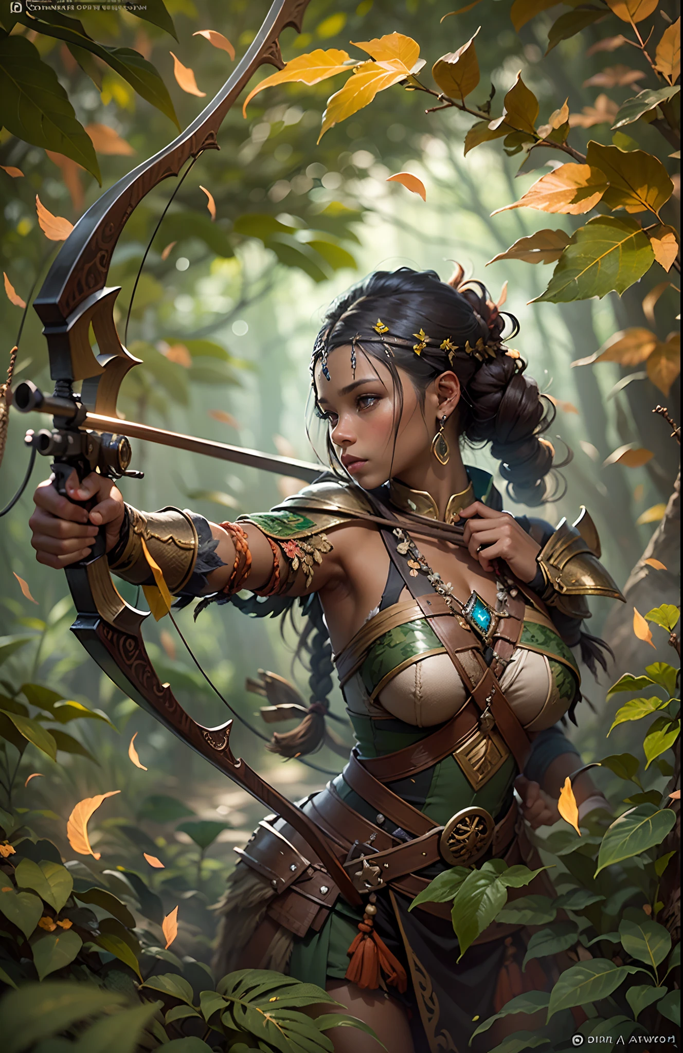 (a high-resolution, realistic) Light skinned black girl, druid in the style of Dungeons and Dragons, holding a bow, with the bow drawn and taking aim at an orc. The girl is dressed in armor made entirely of leaves.
Additional details: The girl has intricate, tribal face paint with earthy colors. Her eyes are sharp and focused, reflecting determination and strength. Her lips are full and slightly parted, showing her concentration as she takes aim. The girl's long, wavy hair is braided with flowers and feathers, adding to her natural and magical appearance. (((full body))), dark jungle with manys beadts lurking
The armor she wears is made of large, overlapping leaves that resemble scales, providing both protection and camouflage in the natural surroundings. The leaves have a vibrant green color, emphasizing the druid's connection to nature. Vines and flowers intertwine with the armor, further enhancing the mystical and earthy look.
The bow in her hands is made of intricately carved wood, decorated with nature-inspired patterns and symbols. As she pulls back the bowstring, the druid exhibits a graceful and