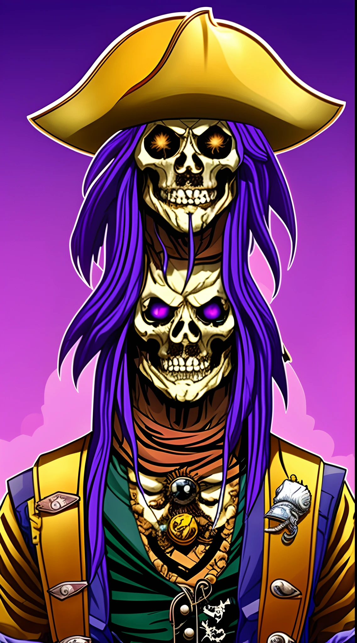 homem negro (rapaz jovial) homem. homem. evil face and tongue out. cavanhaque sutil em sei queixo, dreads para os lados com bastante caimento, nos dreads, a gradient from black to green, olhos verdes bem escuros (quase pretos) gray jacket with skull symbol, e sem camisa por baixo dela. rosto maligno, olho sereno