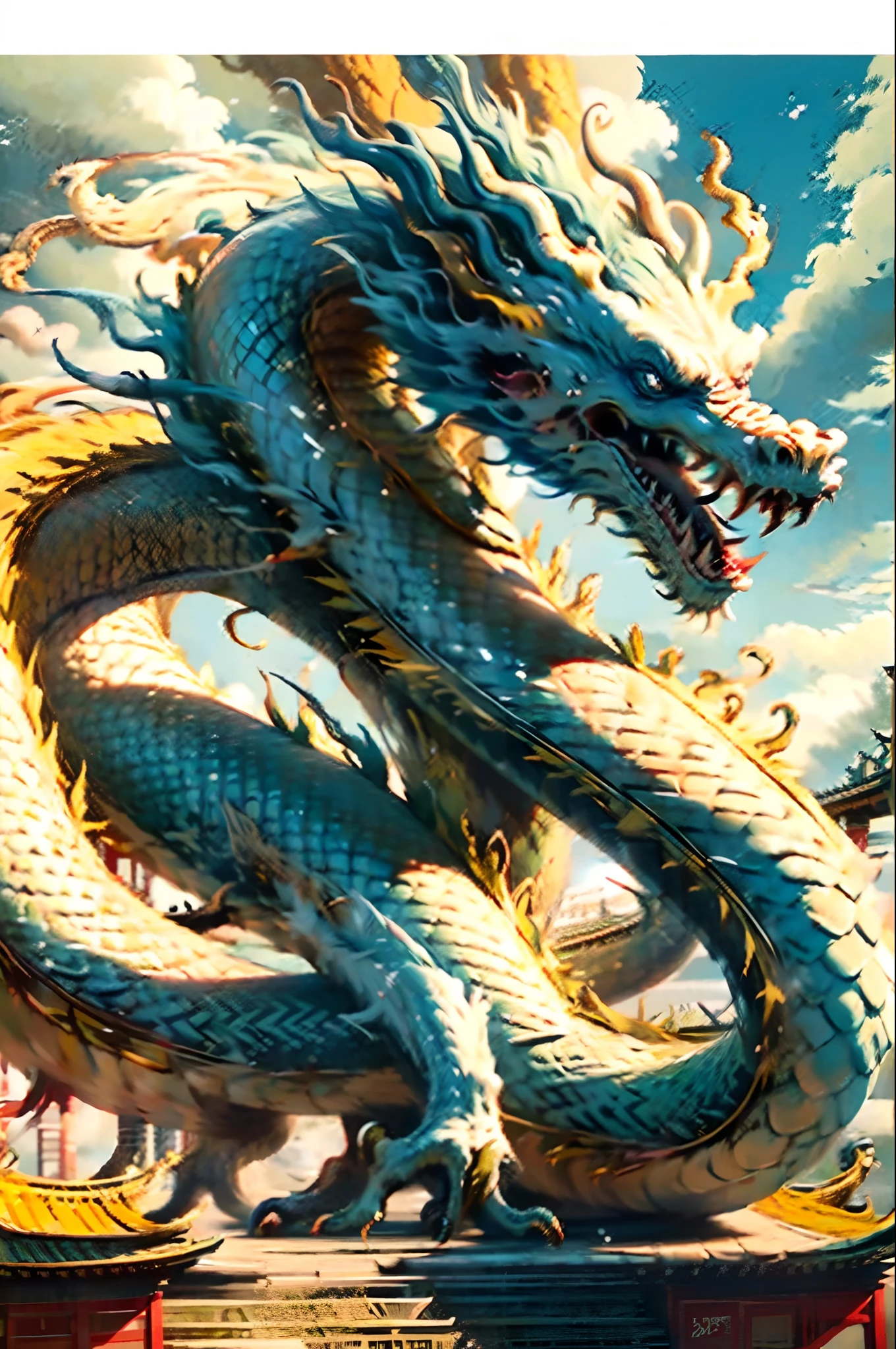 Best quality,Masterpiece,ultra highres,naked no humans, (long:1.2),no humans, nuage, architecture, east asian architecture, yeux rouges, Cornes, ouvrir bouche, ciel, Crocs, eastern dragon, ciel nuageux, dent, volant, Feu, oiseau, Aile