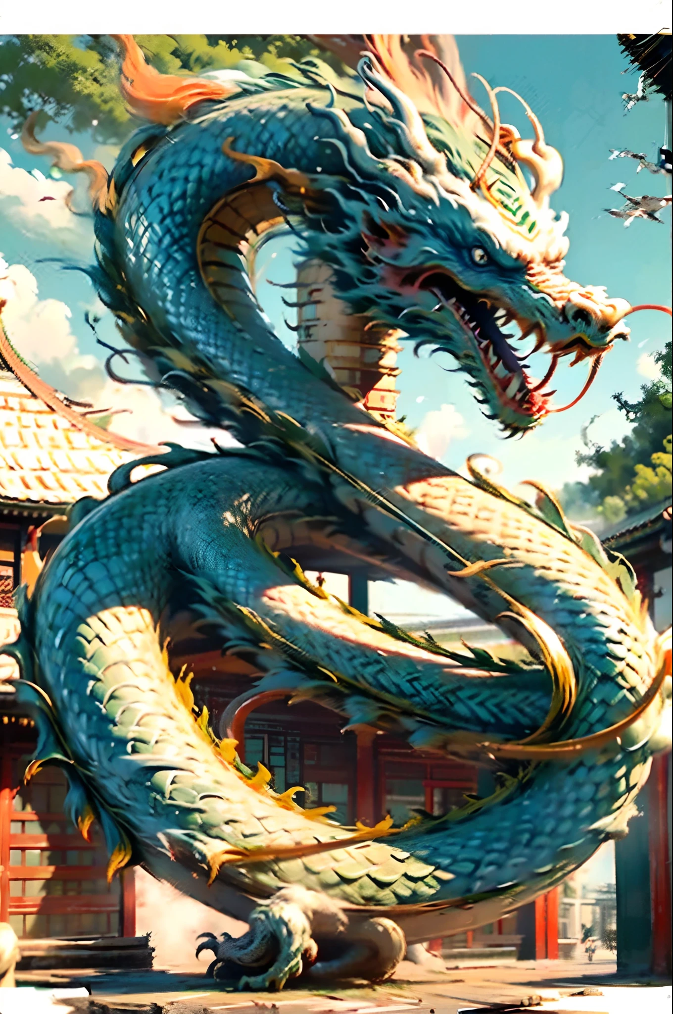 A man standing, from behind,looking at the giant golden eastern dragon soaring in the sky, fantasy Chinese background, golden aura, spark, BREAK,Detailed,Realistic,4k highly detailed digital art,octane render, bioluminescent, BREAK 8K resolution concept art, realism,by Mappa studios,masterpiece,best quality,official art,illustration,ligne claire,(cool_color),perfect composition,absurdres, fantasy,focused,rule of third