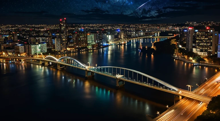 River background at night starrysky Night view of the city in the distance There is a bridge over the river