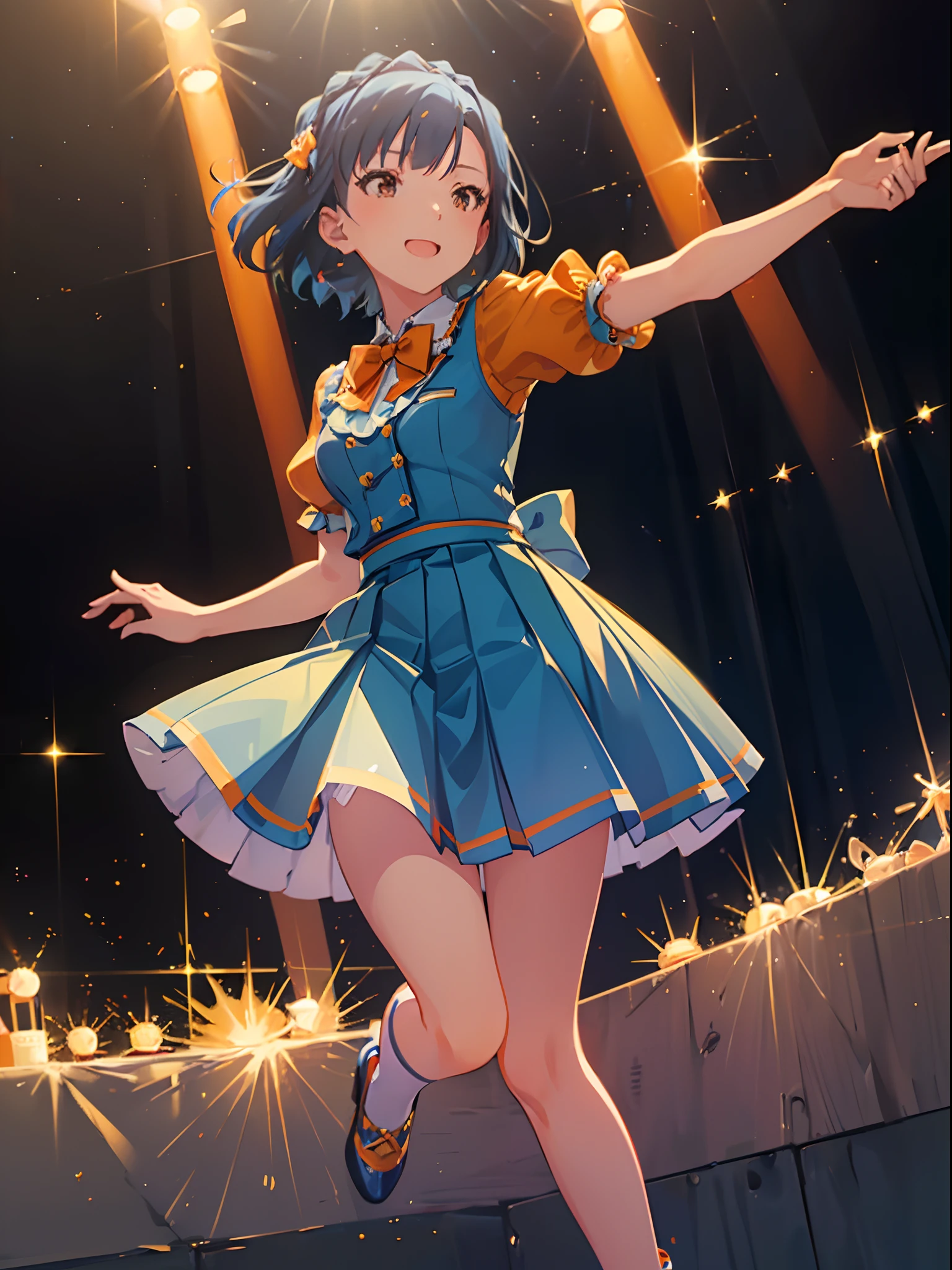 2D illustration, whole body, Anime Girls, Wearing a Japanese uniform, Wide Shot, Long Shot, cute, Gray Hair, short hair, Ahegao Hair , Happy expression, Jump, Idol