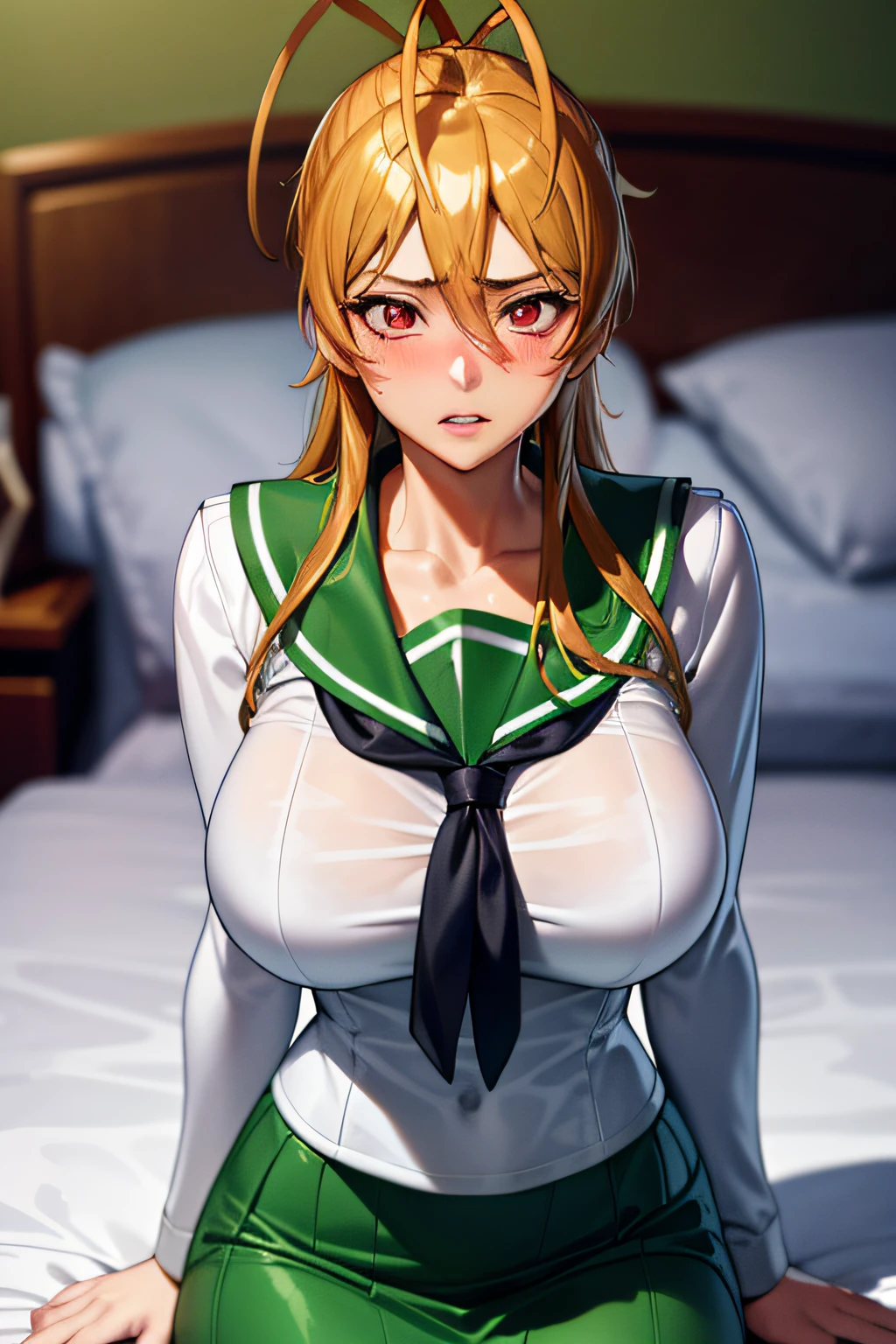 miyamoto rei, school uniform, white shirt, green skirt, masterpiece, best quality, highly detailed, massive breasts, bedroom, lay on bed, blushing, ,breath, lewd,, scared, shy, 4K, 8K, PERFECT EYES, PERFECT FACE, LIPS