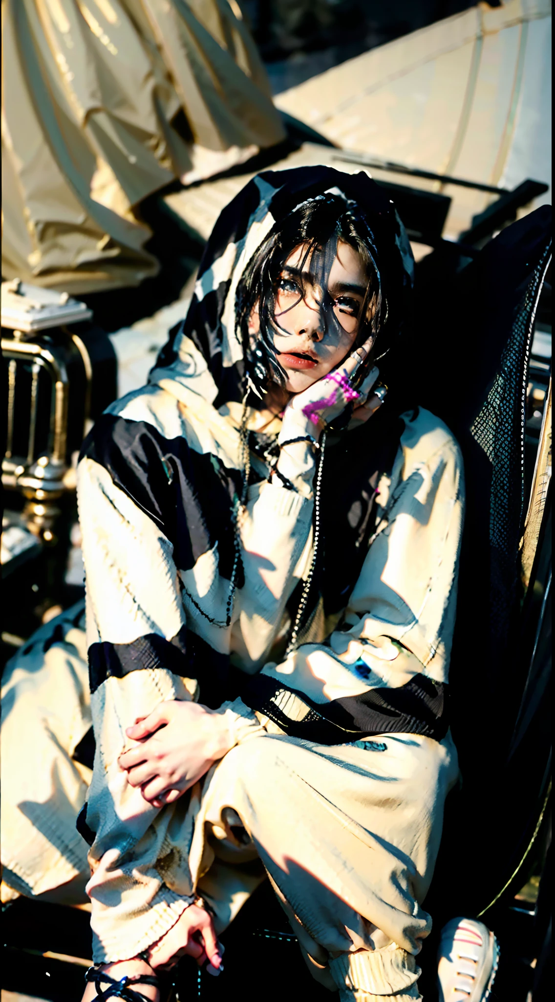 1boy, solo, black hoodie, black long pants, white shoes, front of Lamborghini, street, white skin, 18 year old, sitting irregularly, black hair, black eyes, innocent, detailed face, detailed eyes, Eye-Level Shot, god rays, glowing light, modern, 85mm, Nikon, super detail, textured skin, anatomically correct, highres, best quality, 8k, masterpiece