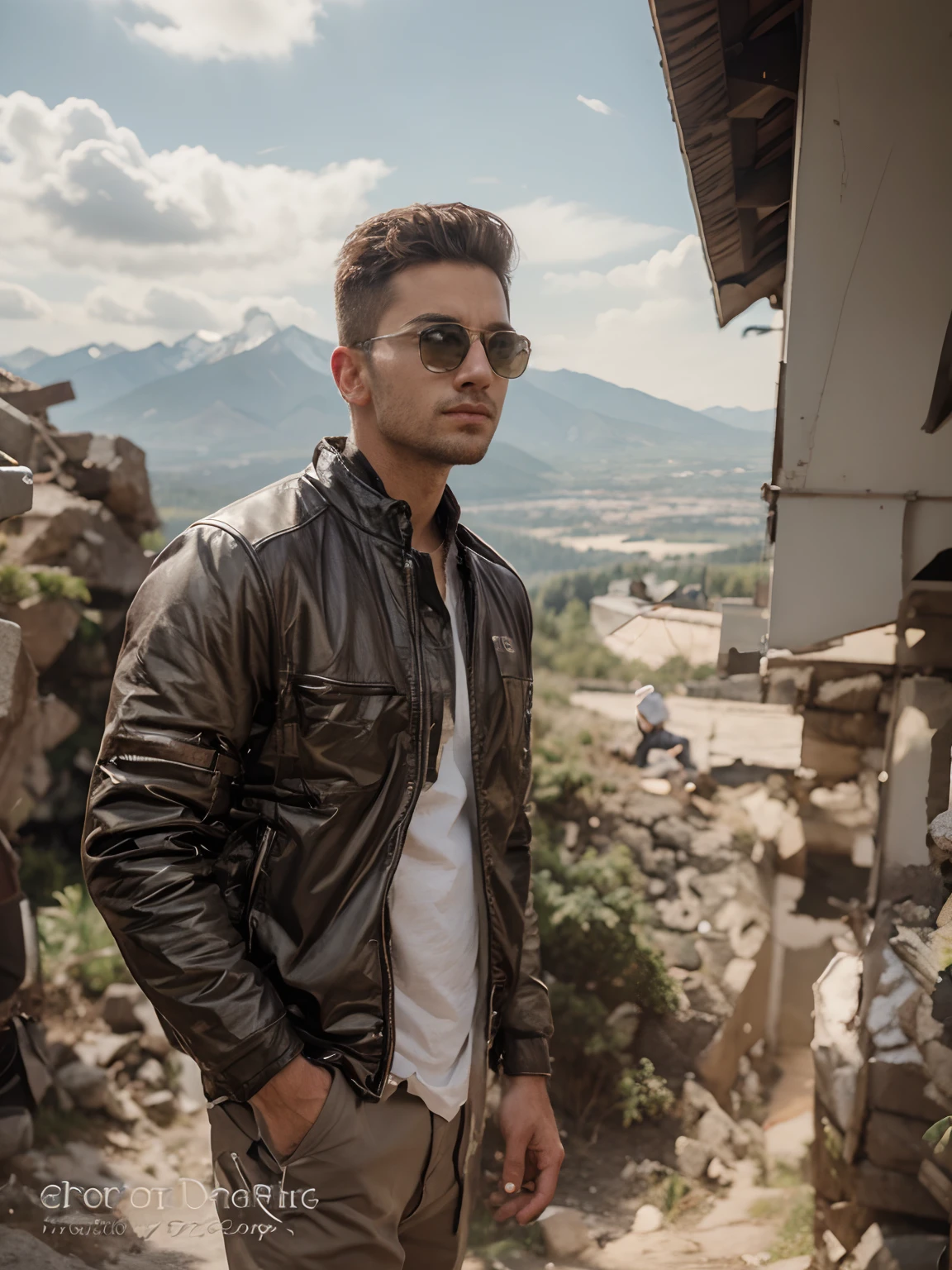 A handsome boy, realistic background, mountain view,realistic face, change clothes,8k quality