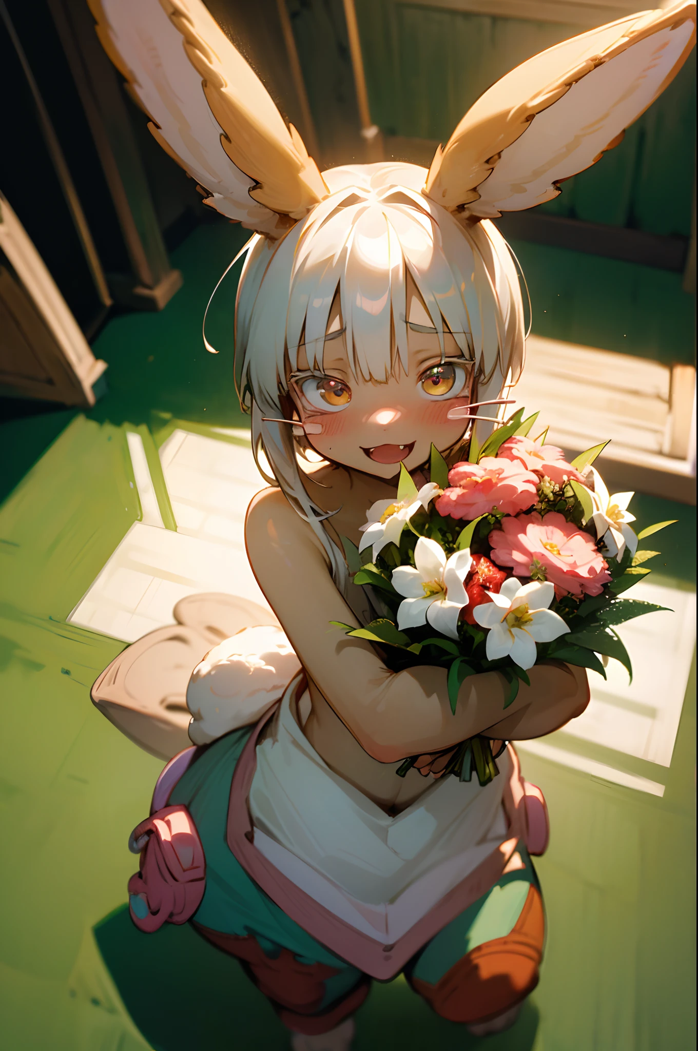 ((Nanachi)), ((Masterpiece)), (High Definition:1.3), (Professional Photography:1.2), from above, 8K, Realistic, Beautiful photo, Slender body, Textured skin, (cinematic lighting),(put on bunny ears)、(detail of nanachipants), crazy Eyes、((hold a bouquet)), stand on beautihul stage、very blush、Big eyes, big Open mouth, (crazy smile)