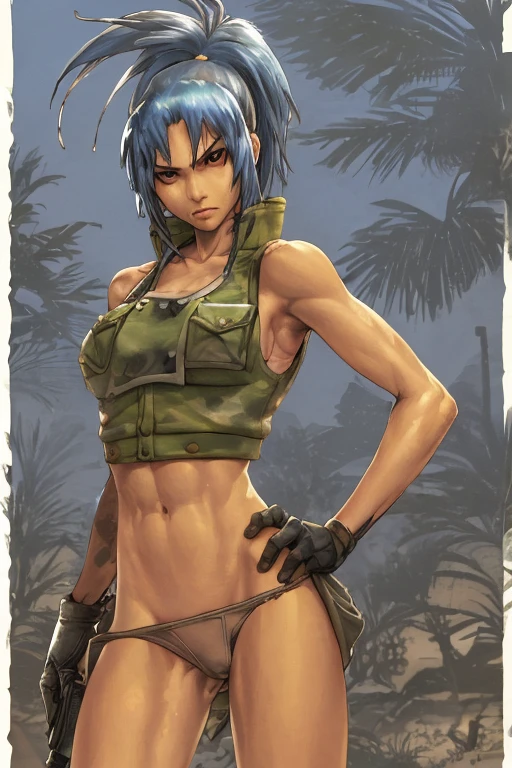 vest and panty,naked,serious,sexy pose,military,desert.Cammo,Sun,hot,guerrilla,tropical,wetting,leona from the king of fighters.