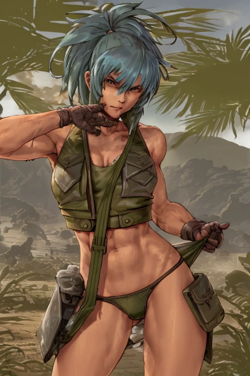 vest and panty,naked,serious,sexy pose,military,desert.Cammo,Sun,hot,guerrilla,tropical,wetting,leona from the king of fighters.