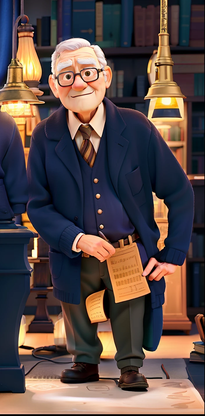 A wise old man standing in front, illuminated by the light of a lamp, against the backdrop of a library