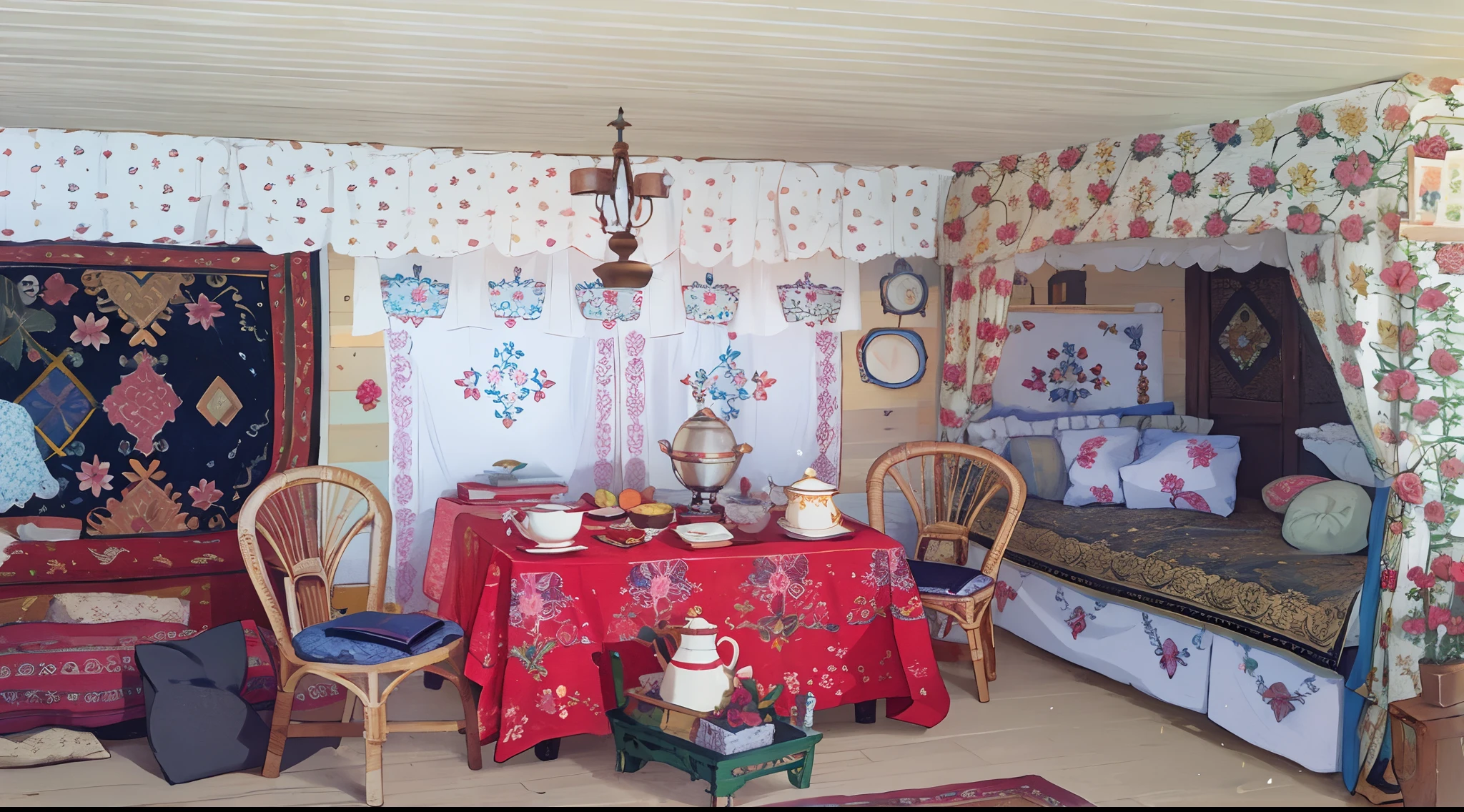 room, a table, Chairs, samovar, bed, pillows, Flower Patterns