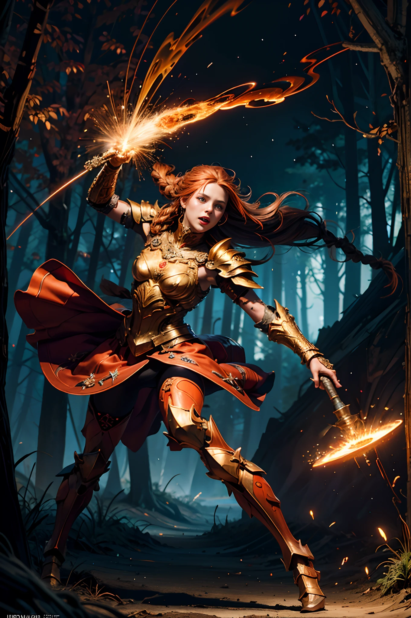 Anthropomorphic, (extremely intricate armour, magical armour red and orange), (extremely detailed background), ((dynamic background)), ((lightning)), (light rays), highest quality, angry face, body fitness, full body, long hair with braids, at night in the forest with fireflies , casting lightning, electricity, swirling fire, radiating power, sparks, smoke, magic, ((dramatic)), epic, battlefield, depth of field, bokeh, 16k, gothic, ember, particles