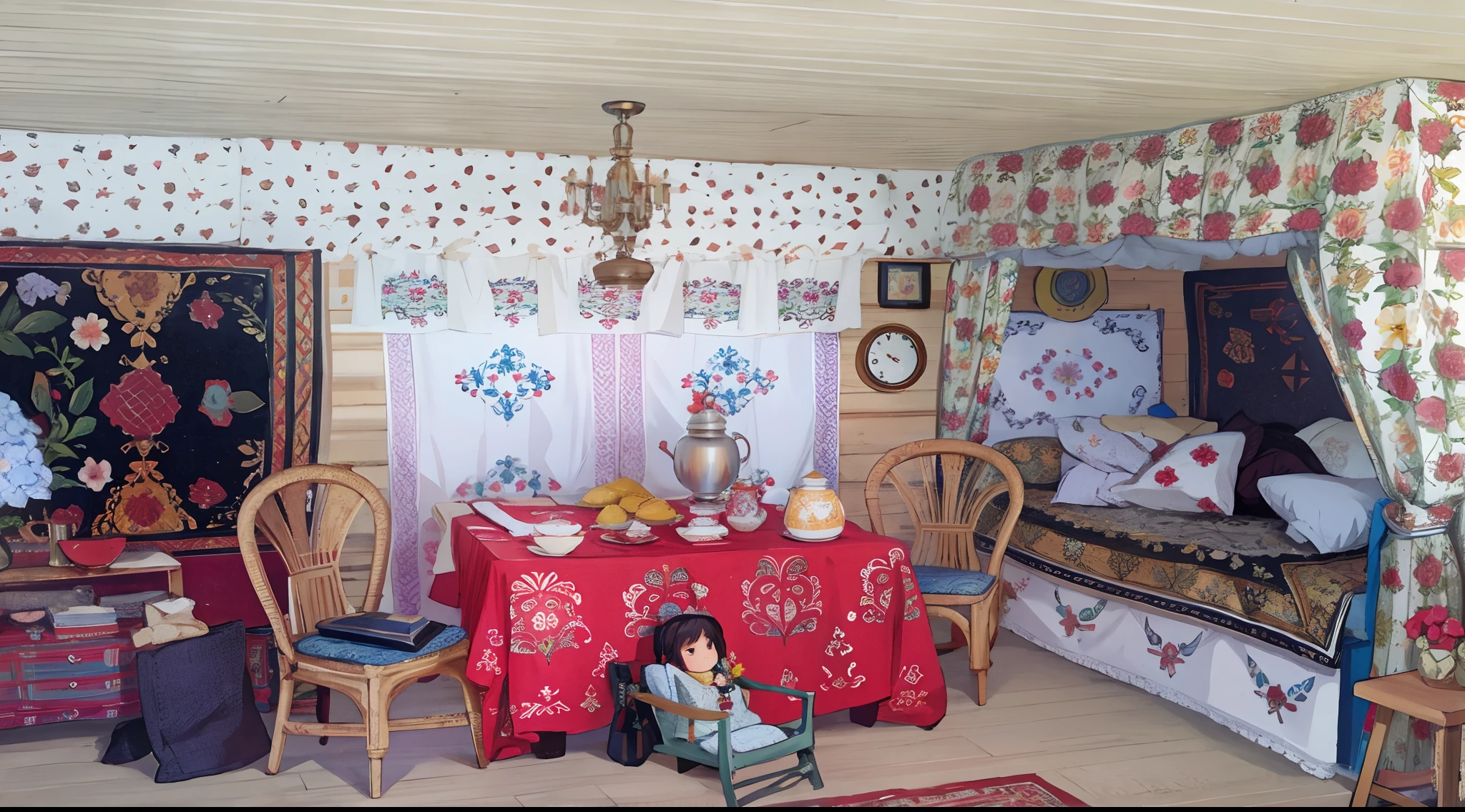 room, a table, Chairs, samovar, bed, pillows, Flower Patterns