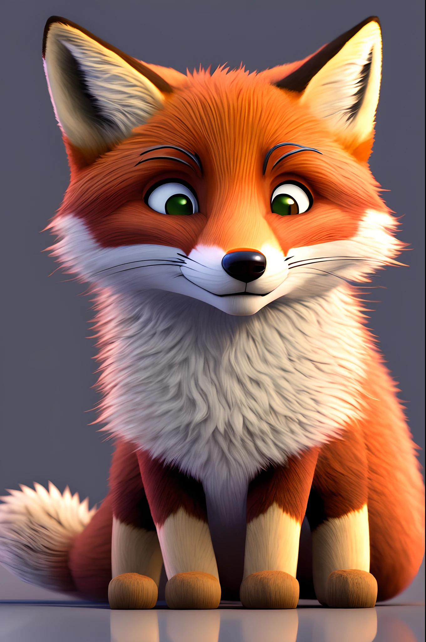 A smiling fox boy. Yeux verts. brown. Full view of body and head. solid background. regarde la camera, heureux. Art conceptuel, Couleurs de type ghibli, Pixar, profondeur de champ, Ray Tracing, fleurir, Vignettage
