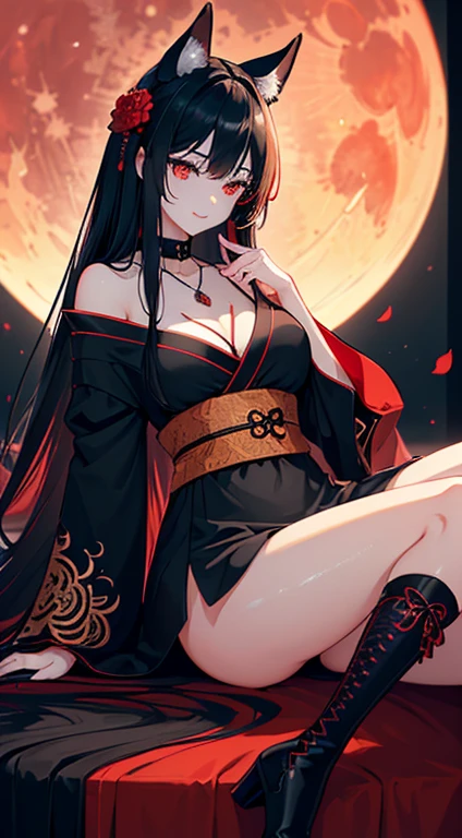 (extremely detailed CG unity 8k wallpaper), (((ultra-detailed))), ((extremely detailed)), (((best illustration))), best illumination, ((extremely delicate and beautiful)), ((an extremely delicate and beautiful girl)), colorful, modern city, (((red moon))), blood particles, ((1 girl, solo)), {{finely detailed beautiful eyes and detailed face}}, sad expression, smile, long hair, (((black hair))), red eyes, beautiful detailed eyes, mature female, slender, medium breast, black red fox ears, (black red fox tail), (((intricate details))), (Black and red knee-length kimono dress), black knee thighs, medium height black boots with medium heel, ((black choker with red pendent)), lycoris flower birthmark on neck sitting, bishoujo, 19_years_old,