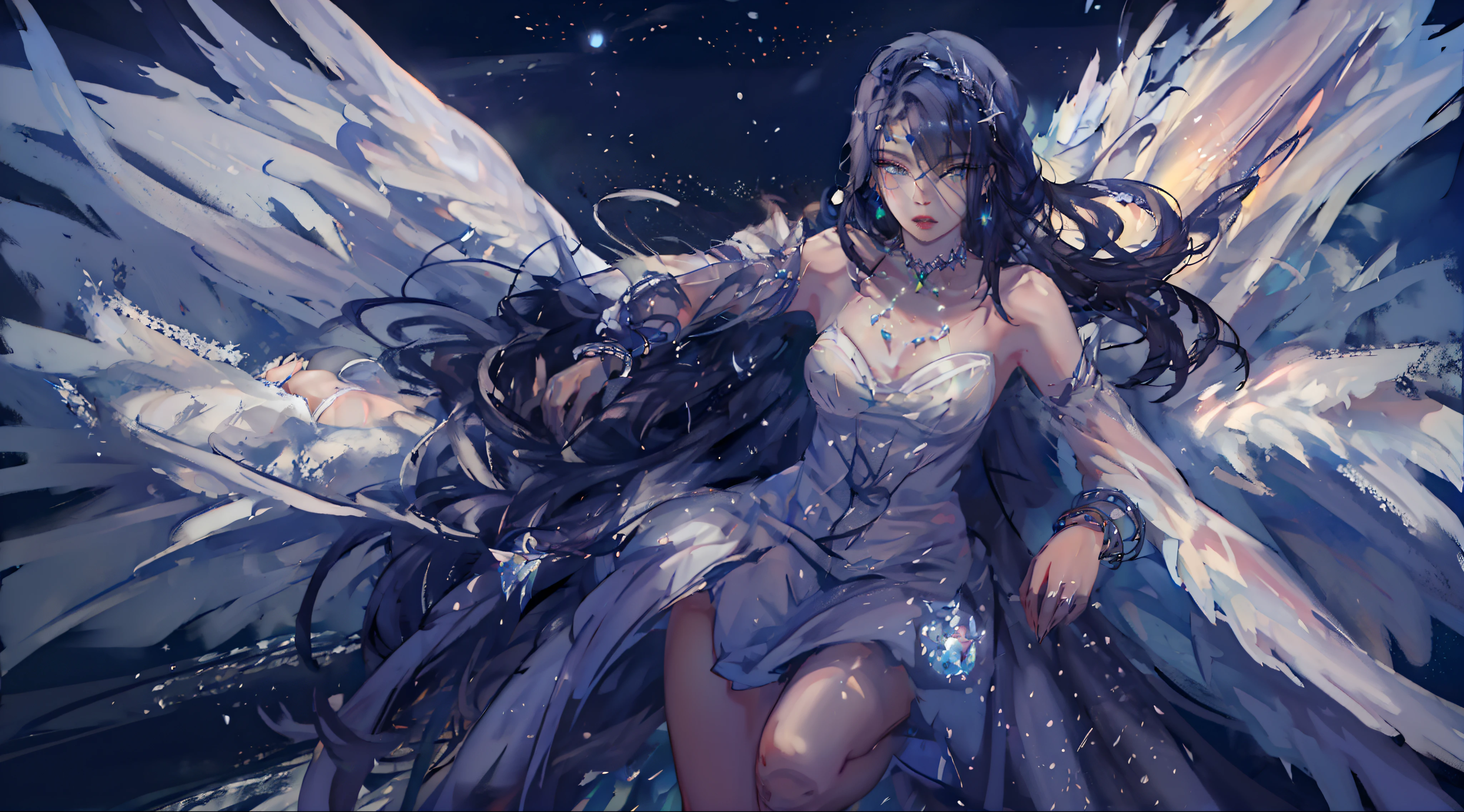 Works of masters,Best image quality,Higher quality,high detal,超高分辨率,8K分辨率,full body shot shot,exquisite facial features,s the perfect face,Glowing skin,femele,A princess,solo person,short eyebrows,Gradient eye,Watery eyes,Glowing eyes,Magic pupil,Sparkling pupils,Beautiful pupils,long eyelasher,Heart-shaped mouth,lipsticks,proud,ssmile,short detailed hair,whaite hair,By bangs,Qi bangs,Dull hair,Princess Roll,Princess cut,shairband,hijabi sluty,Bow hair ornament,Crescent hair ornaments,Lolita hair accessories,feathers hair ornament,Head flower,hair pin,hair adornments,heart-shaped hair ornament,Bracelet,Collar,metalcollar,gyuru,Wristbands,pendant,brooch,hoop earings,bangle,ear studs,Sunburst jewelry,Pearl bracelet,eardrop,puppet rings,corsage,sapphire brooch,jewelery,choker necklace,ribbons,Ribbon trim,lace-trim,Skirt brace,Hand Guard,tiara crown,nail polish,See-through installation,offcial dress,frilld,lacing,Get wet,Bare shoulders,bare-legged,Angel Tail,butterfly wings,Bird wings,featheredwings,Leprechaun wings,Ice wings,Wings of Ice and Fire,Put your hand to your mouth,looking in a mirror,self-shot,Winters,themoon,moon full,As estrelas,Ice and snow,snowflower,meteor shower,kosmos,the sea,beachside,dream magical,8-bit games,Polaroid Art,ASCII Art,Cinematic lighting,ice magic,Ice system reform,Frappuccino,Crystallization,The Law of Light,Starry Sky Law,Moon Law,Snow Moon Law,Crystal method,Winter snow method,Colorful stars,Sink into the sea of stars,Star sideburns,Star Angel