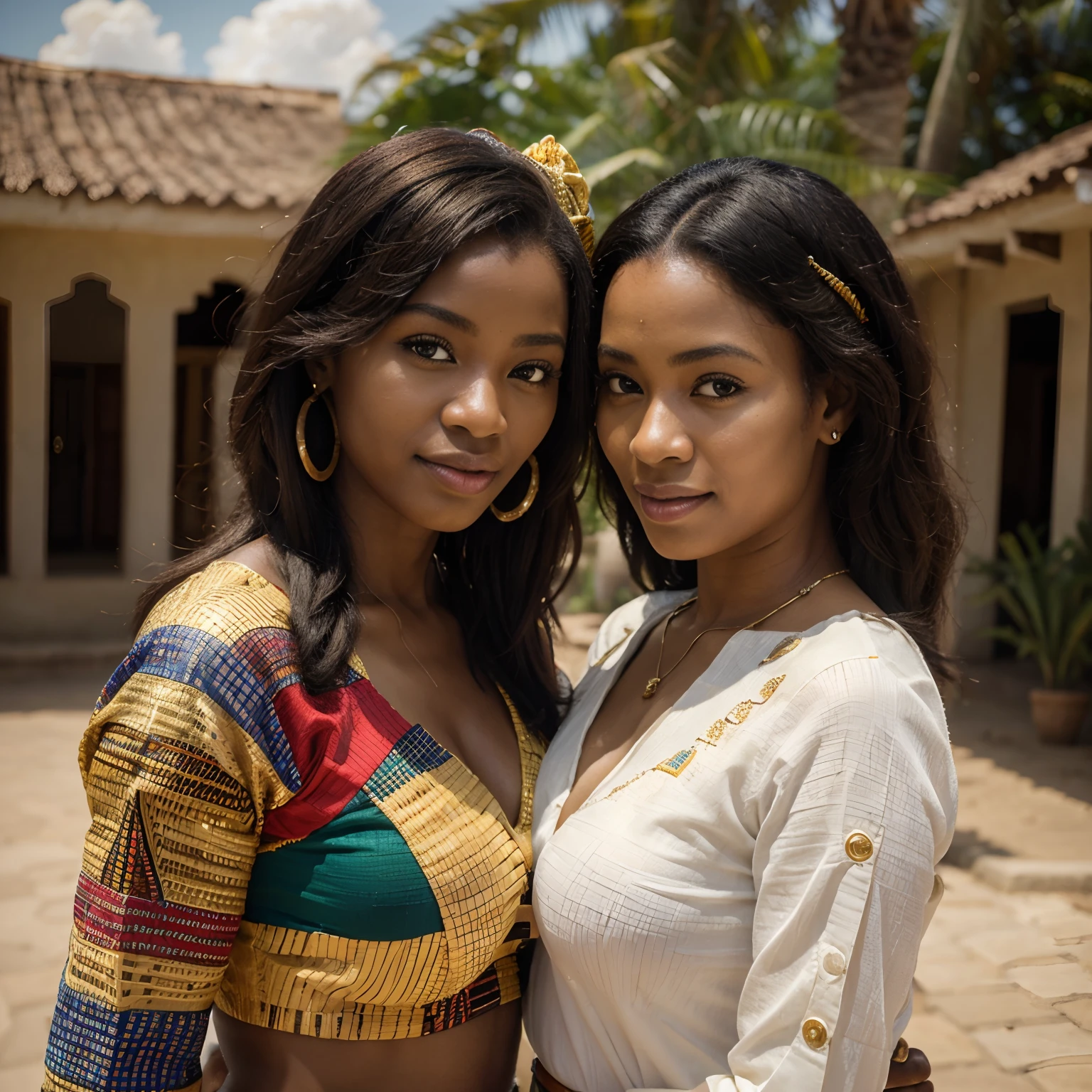 (best quality,4k,8k,highres,masterpiece:1.2),ultra-detailed,(realistic,photorealistic,photo-realistic:1.37),traditional couples in Ghana, sexy, tits, virgina,vibrant and colorful, beautifully woven kente fabric, stunning headpieces, intricate beadwork, joyful expressions, traditional dance, matching outfits, elaborate gold jewelry, sunny outdoor scenery, traditional Ghanaian architecture, warm and vibrant color palette, soft natural lighting