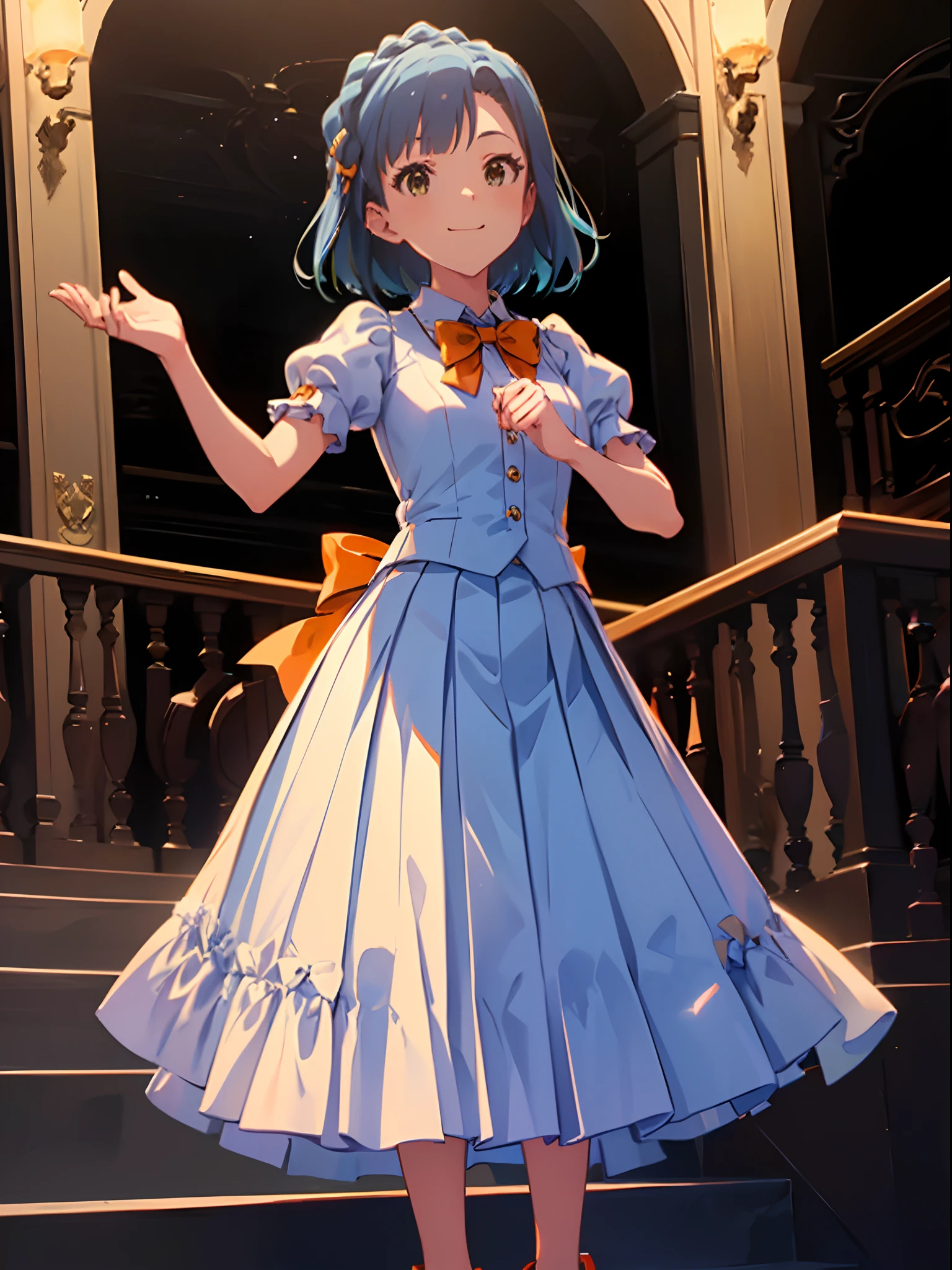 yuriko nanao (million live), 1 girl, Solo, Cute Girl,Best Quality, Ultra-detailed, 8K, High resolution, Bob Hair, smile, idol costume, (((orange and white collared shirt, short sleeves, puffy sleeves, light blue bowtie, light blue skirt, pleated skirt, pumps,)))