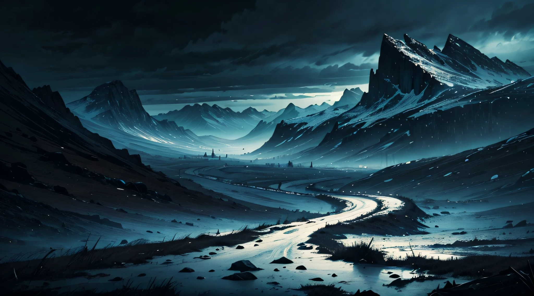 hopeless landscape, dark art, beautiful landscape, masterpiece, tundra, dark sky