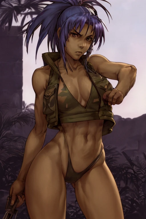 open vest and panty,naked,serious,sexy pose,military,desert.Cammo,Sun,hot,guerrilla,tropical,wetting,leona from the king of fighters.