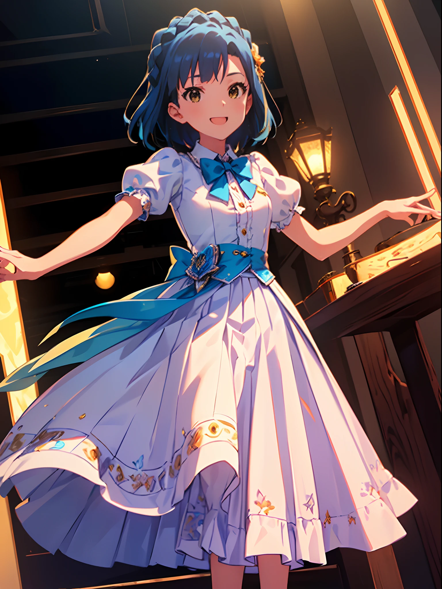 yuriko nanao (million live), 1 girl, Solo, Cute Girl,Best Quality, Ultra-detailed, 8K, High resolution, Bob Hair, smile, idol costume, (((orange and white collared shirt, short sleeves, puffy sleeves, light blue bowtie, light blue skirt, pleated skirt, pumps,)))