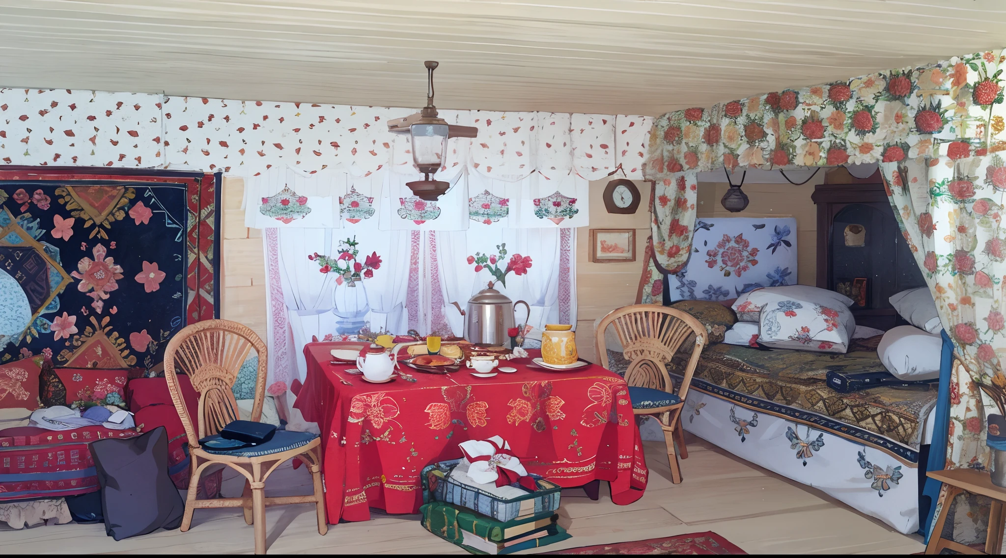 room, a table, Chairs, samovar, bed, pillows, Flower Patterns