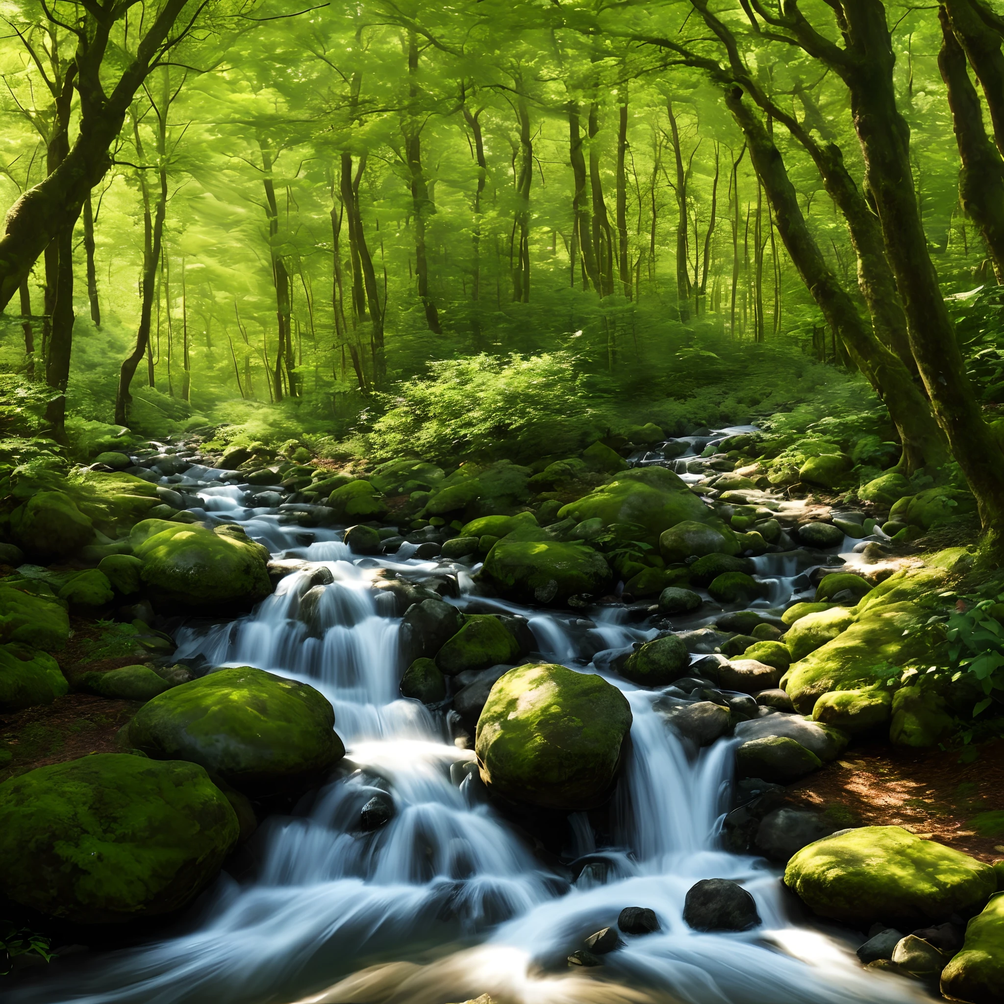 Generate a realistic image of a forest scene, ultra hd, complete with tall, densely packed trees, a variety of lush green foliage, dappled sunlight filtering through the leaves, and a peaceful stream flowing through the underbrush. The scene should convey a sense of tranquility and natural beauty, with attention to detail in the textures of the bark, leaves, and water. The image should be in high resolution and capture the essence of a pristine, untouched forest