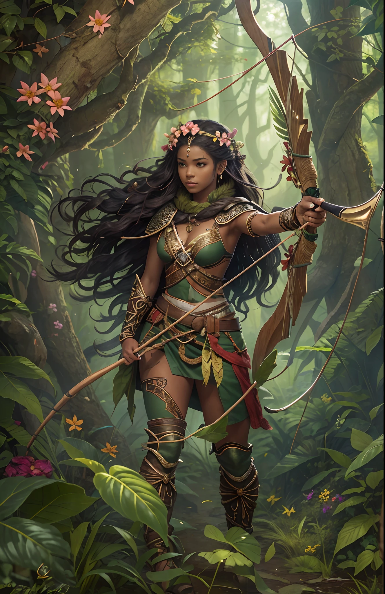 (a high-resolution, realistic) Light skinned black girl, druid in the style of Dungeons and Dragons, holding a bow, with the bow drawn and taking aim at an orc. The girl is dressed in armor made entirely of leaves.
Additional details: The girl has intricate, tribal face paint with earthy colors. Her eyes are sharp and focused, reflecting determination and strength. Her lips are full and slightly parted, showing her concentration as she takes aim. The girl's long, wavy hair is braided with flowers and feathers, adding to her natural and magical appearance. (((full body))), dark jungle with manys beadts lurking
The armor she wears is made of large, overlapping leaves that resemble scales, providing both protection and camouflage in the natural surroundings. The leaves have a vibrant green color, emphasizing the druid's connection to nature. Vines and flowers intertwine with the armor, further enhancing the mystical and earthy look.
The bow in her hands is made of intricately carved wood, decorated with nature-inspired patterns and symbols. As she pulls back the bowstring, the druid exhibits a graceful and