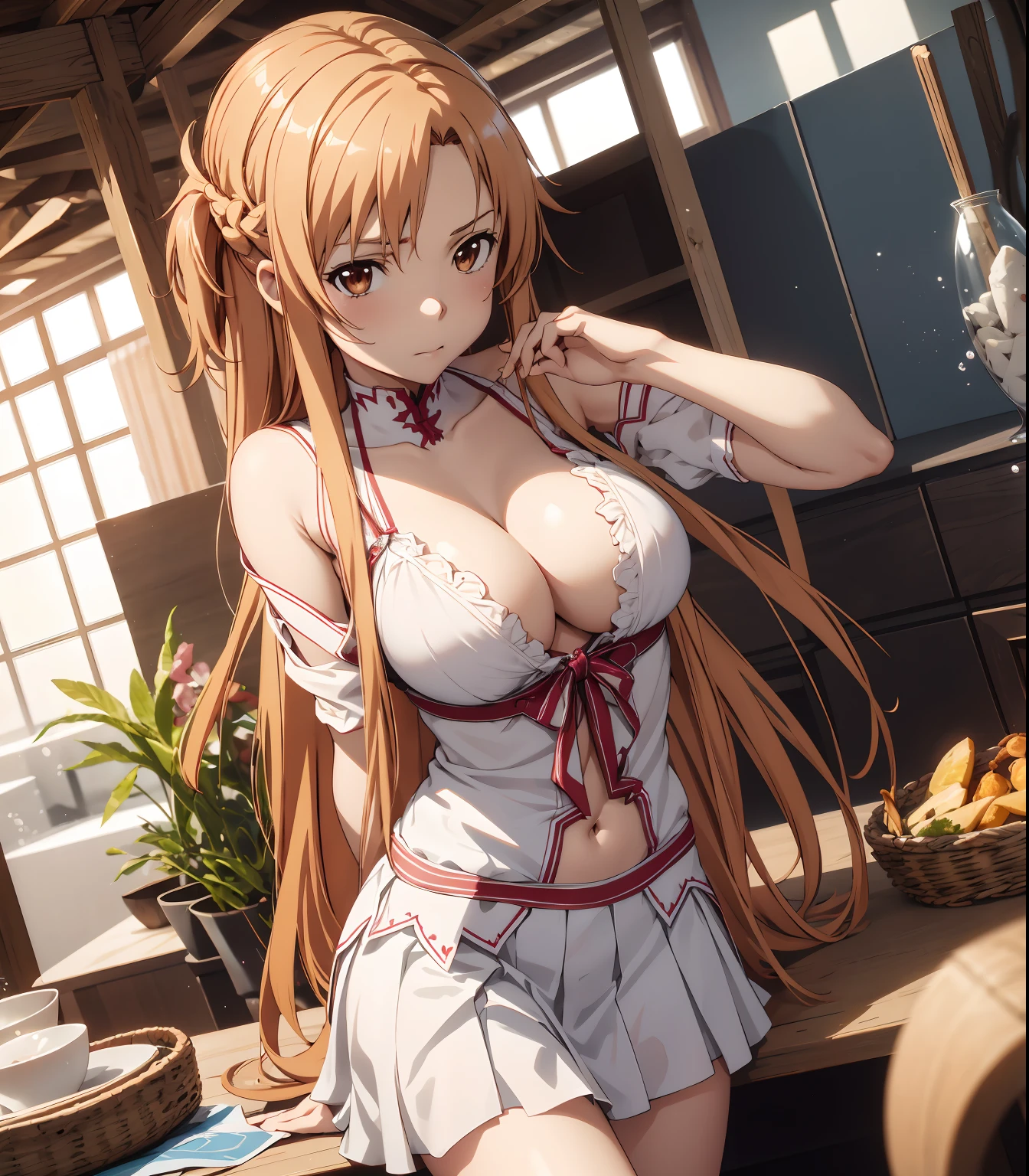 {asuna yuuki(sword art online)}, 1girl, ​masterpiece、cleavage, top-quality、NSFW, fullnude、{{ex toy, , {lovejuice}, {roach in }, white panties, lifting skirt