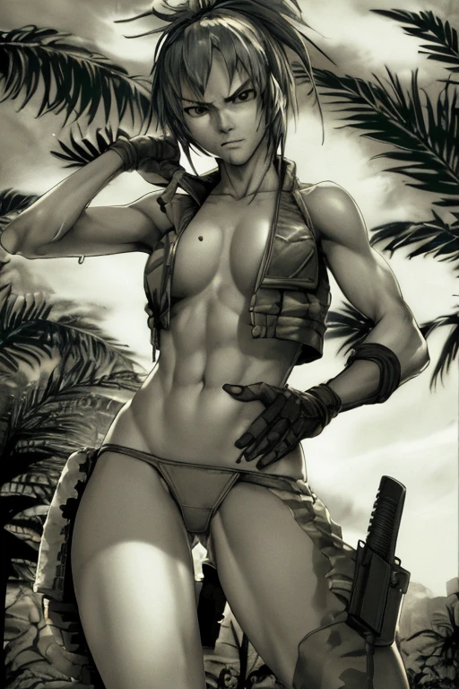 vest and panty,naked,serious,sexy pose,military,desert.Cammo,Sun,hot,guerrilla,tropical,wetting,leona from the king of fighters.