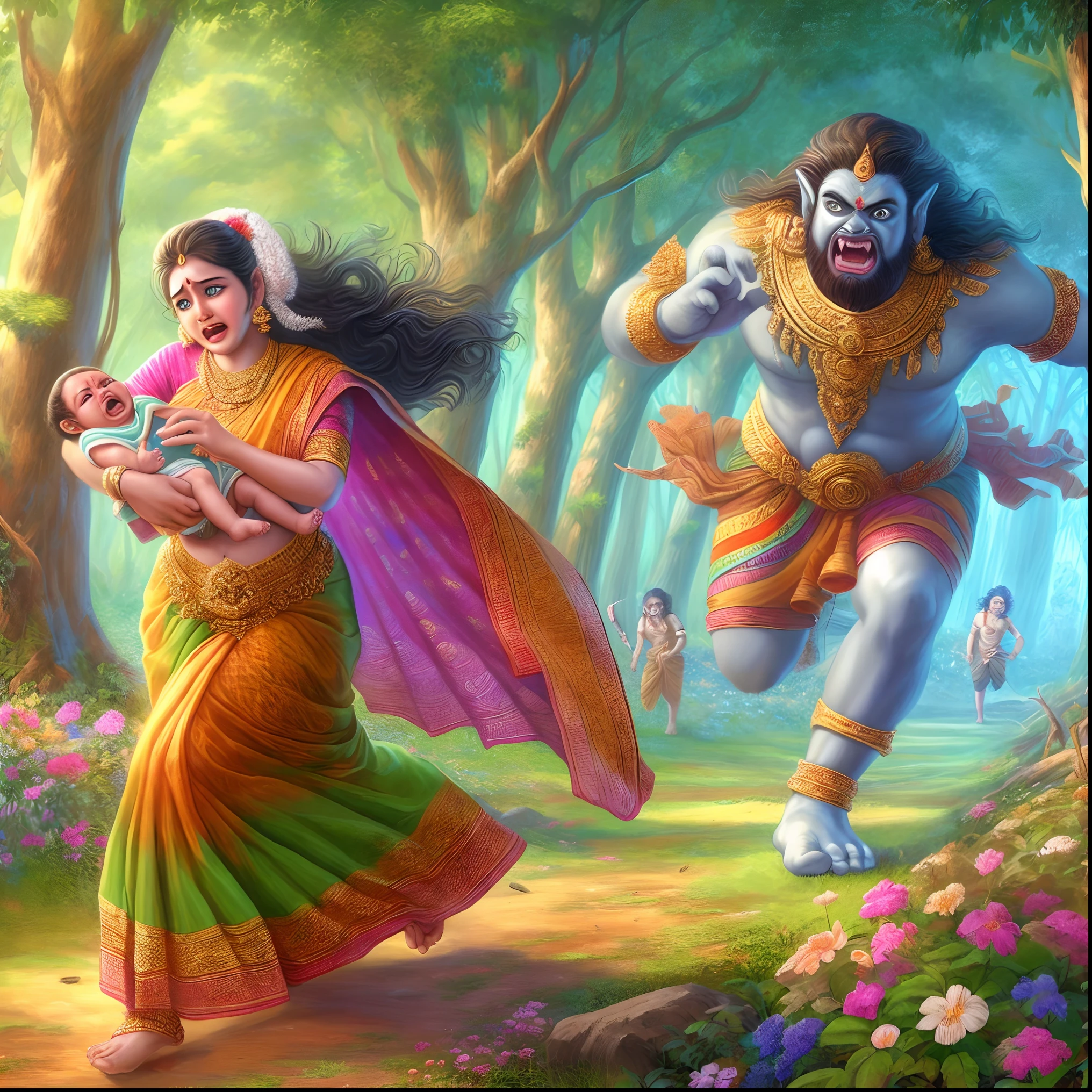 a painting of a woman holding a in her arms, from ramayan, background artwork, shiva, hindu art, narasimha, god shiva the destroyer, a beautiful artwork illustration, year 2 5 0 0, trending ,, by Daryush Shokof, album art, by Thota Vaikuntham, mythological painting, sharandula