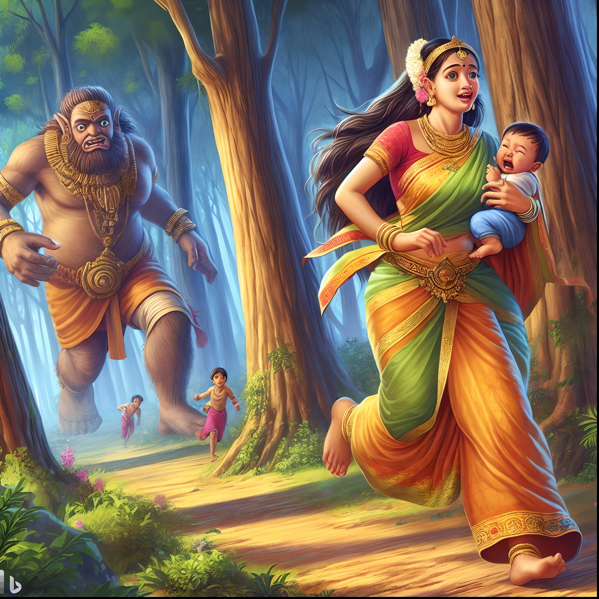 a painting of a woman and a man in a forest with a baby, from ramayan, by Daryush Shokof, a beautiful artwork illustration, by Max Dauthendey, runs away from men on the forest, tribe members chasing, hindu art, mobile wallpaper, by T. K. Padmini, in deep forest hungle, indian forest