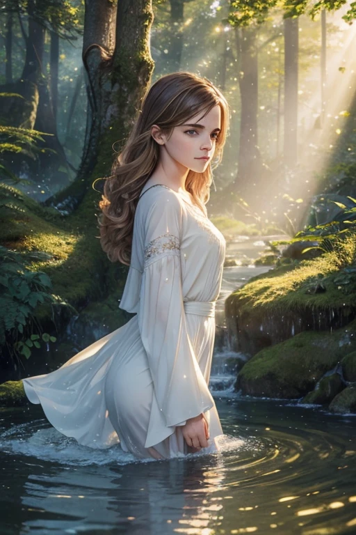 emma watson  waves,splashing water,peaceful ambiance,magical surroundings,majestic birds in the sky,sunrays piercing through the trees,sparkling highlights,sparkling highlights,vivid nightligt colors,fine brushstrokes,calm tranquility,harmonious composition,luminous reflections,serene beauty,detailed foliage,ethereal atmosphere,warm golden light,harmony of nature,Best quality, high resolution,photorealistic renditio