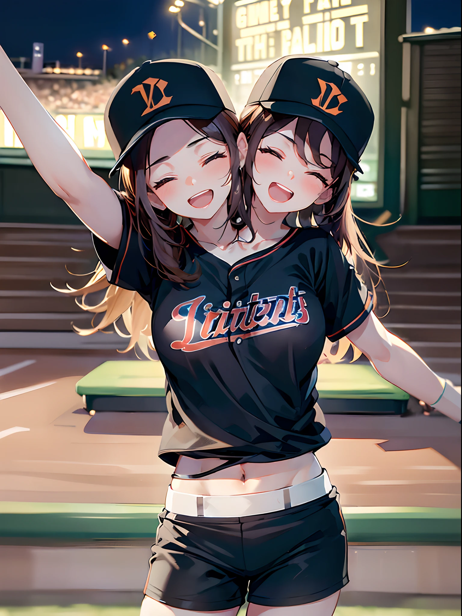 (masterpiece, best quality), best resolution, (2heads:1.5), 1girl, brown hair, brown eyes, eyes closed, baseball caps, open mouth, cheering, happy, excited, black branded t-shirt, silver short pants, dense cheering crowd, outdoor baseball stadium seats, baseball stadium, night