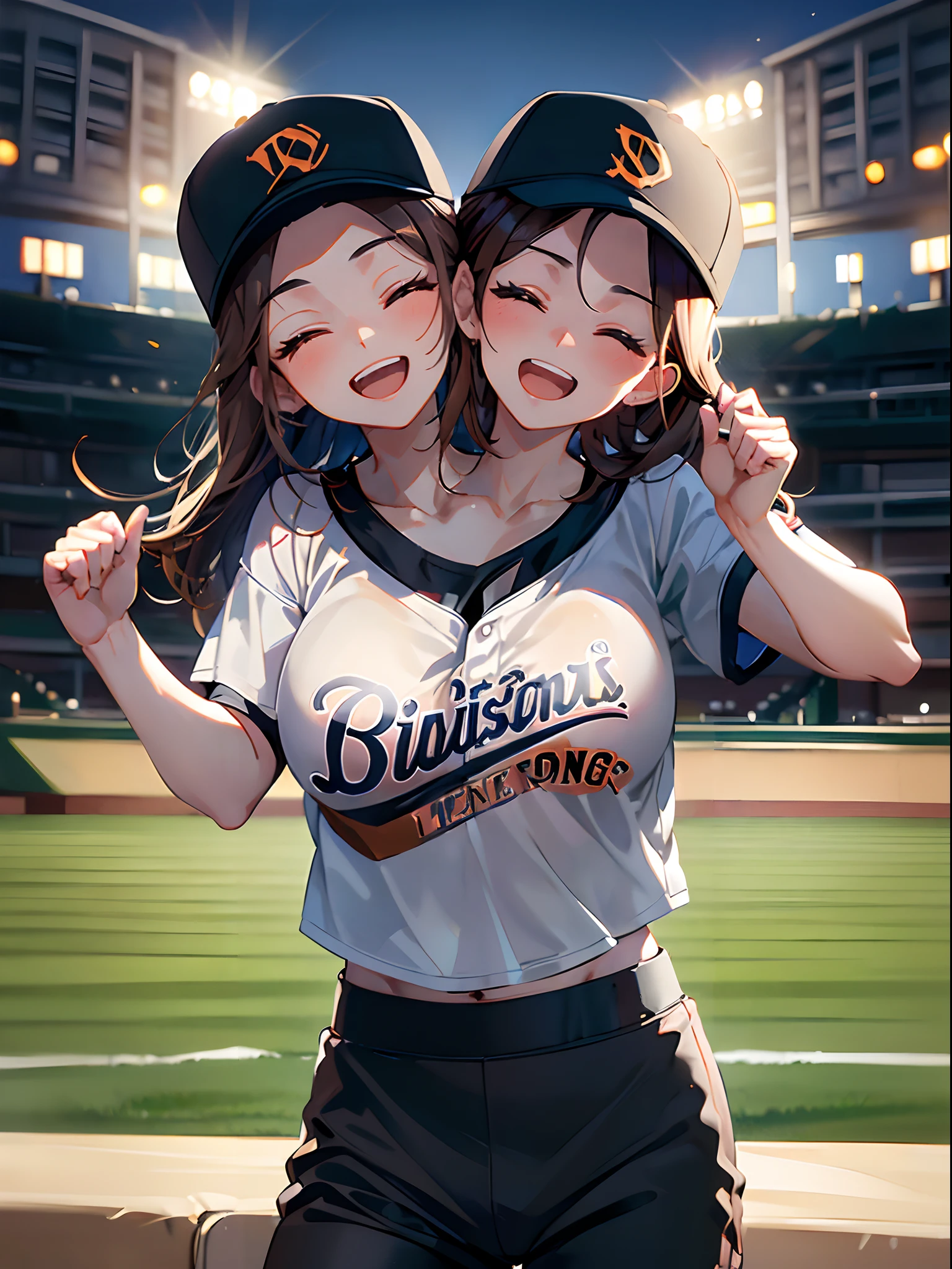 (masterpiece, best quality), best resolution, (2heads:1.5), 1girl, brown hair, brown eyes, eyes closed, baseball caps, open mouth, cheering, happy, excited, black branded t-shirt, silver short pants, dense cheering crowd, outdoor baseball stadium seats, baseball stadium, night