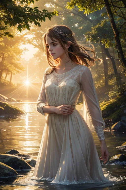 emma watson  waves,splashing water,peaceful ambiance,magical surroundings,majestic birds in the sky,sunrays piercing through the trees,sparkling highlights,sparkling highlights,vivid nightligt colors,fine brushstrokes,calm tranquility,harmonious composition,luminous reflections,serene beauty,detailed foliage,ethereal atmosphere,warm golden light,harmony of nature,Best quality, high resolution,photorealistic renditio