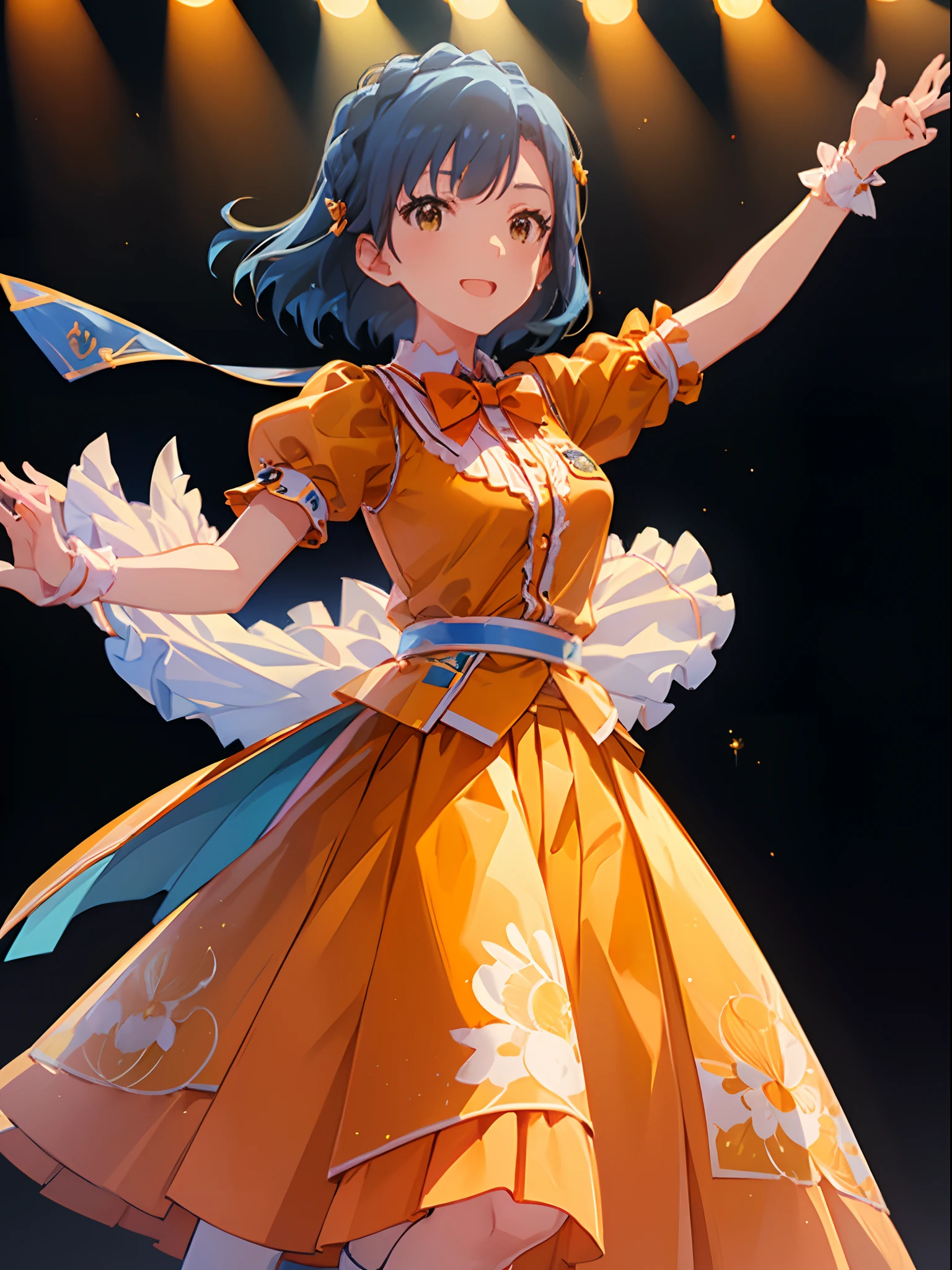 yuriko nanao (million live), 1 girl, Solo, Cute Girl,Best Quality, Ultra-detailed, 8K, High resolution, Bob Hair, smile, idol costume, (((orange collared shirt, short sleeves, puffy sleeves, light blue bowtie, light blue skirt, pleated skirt, pumps,)))