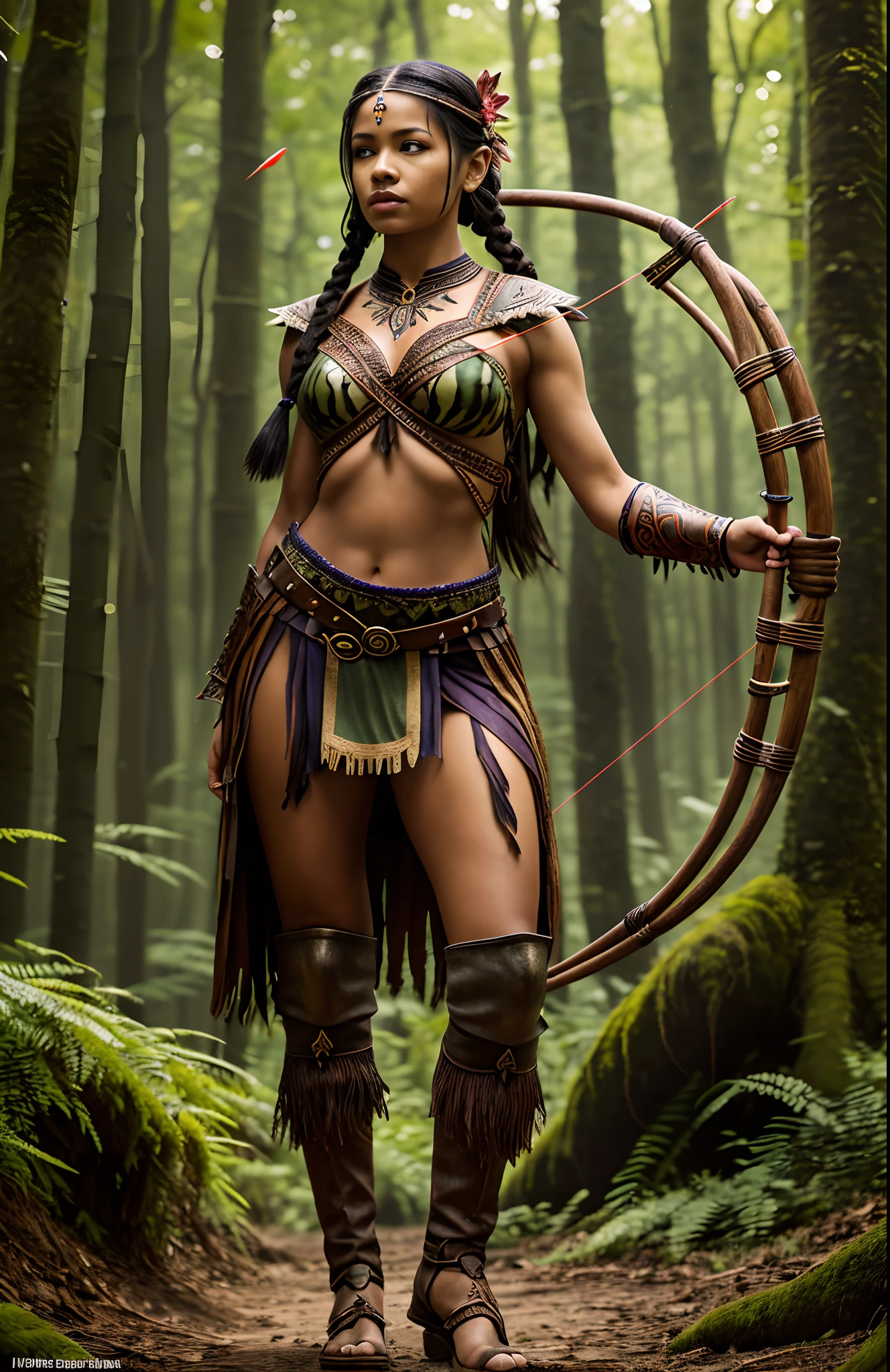 (a high-resolution, realistic) Light skinned black girl, druid in the style of Dungeons and Dragons, holding a bow, with the bow drawn and taking aim at an orc. The girl is dressed in armor made entirely of leaves.
Additional details: The girl has intricate, tribal face paint with earthy colors. Her eyes are sharp and focused, reflecting determination and strength. Her lips are full and slightly parted, showing her concentration as she takes aim. The girl's long, wavy hair is braided with flowers and feathers, adding to her natural and magical appearance. (((full body))), dark jungle with manys beadts lurking
The armor she wears is made of large, overlapping leaves that resemble scales, providing both protection and camouflage in the natural surroundings. The leaves have a vibrant green color, emphasizing the druid's connection to nature. Vines and flowers intertwine with the armor, further enhancing the mystical and earthy look.
The bow in her hands is made of intricately carved wood, decorated with nature-inspired patterns and symbols. As she pulls back the bowstring, the druid exhibits a graceful and