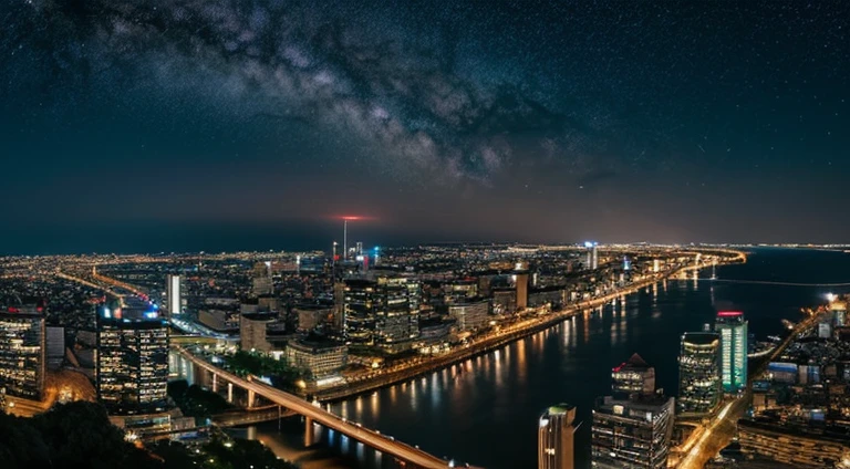 River background at night starrysky milkyway Night view of the city in the distance There is a bridge over the river